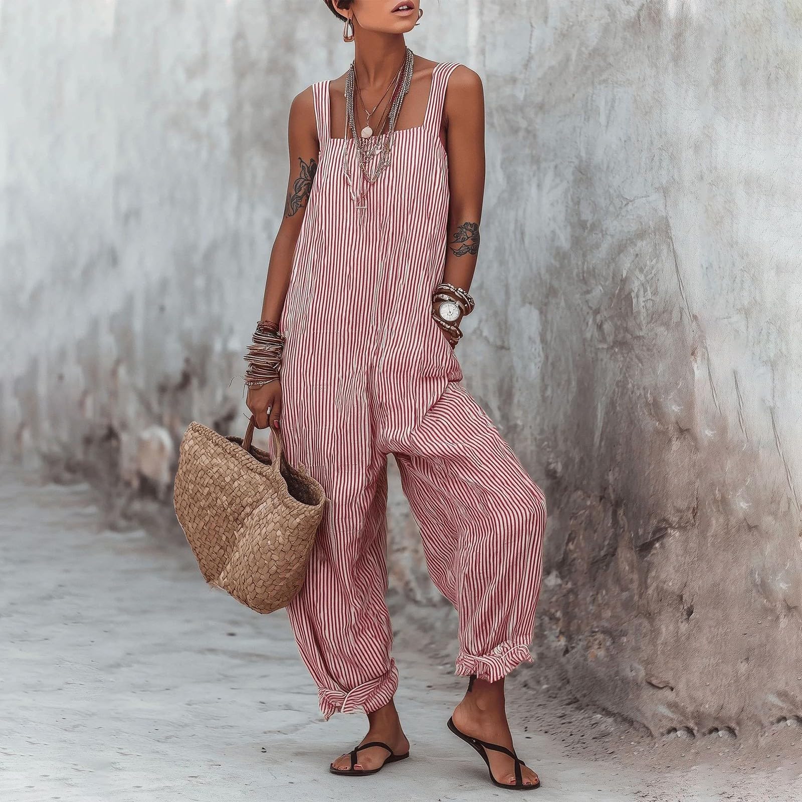 Generisch Salopette da donna lunga a gamba larga, tuta a righe, senza maniche, tuta da spiaggia, oversize, baggy playsuit, leggera e traspirante, pantaloni per il tempo libero, comodi pantaloni estivi