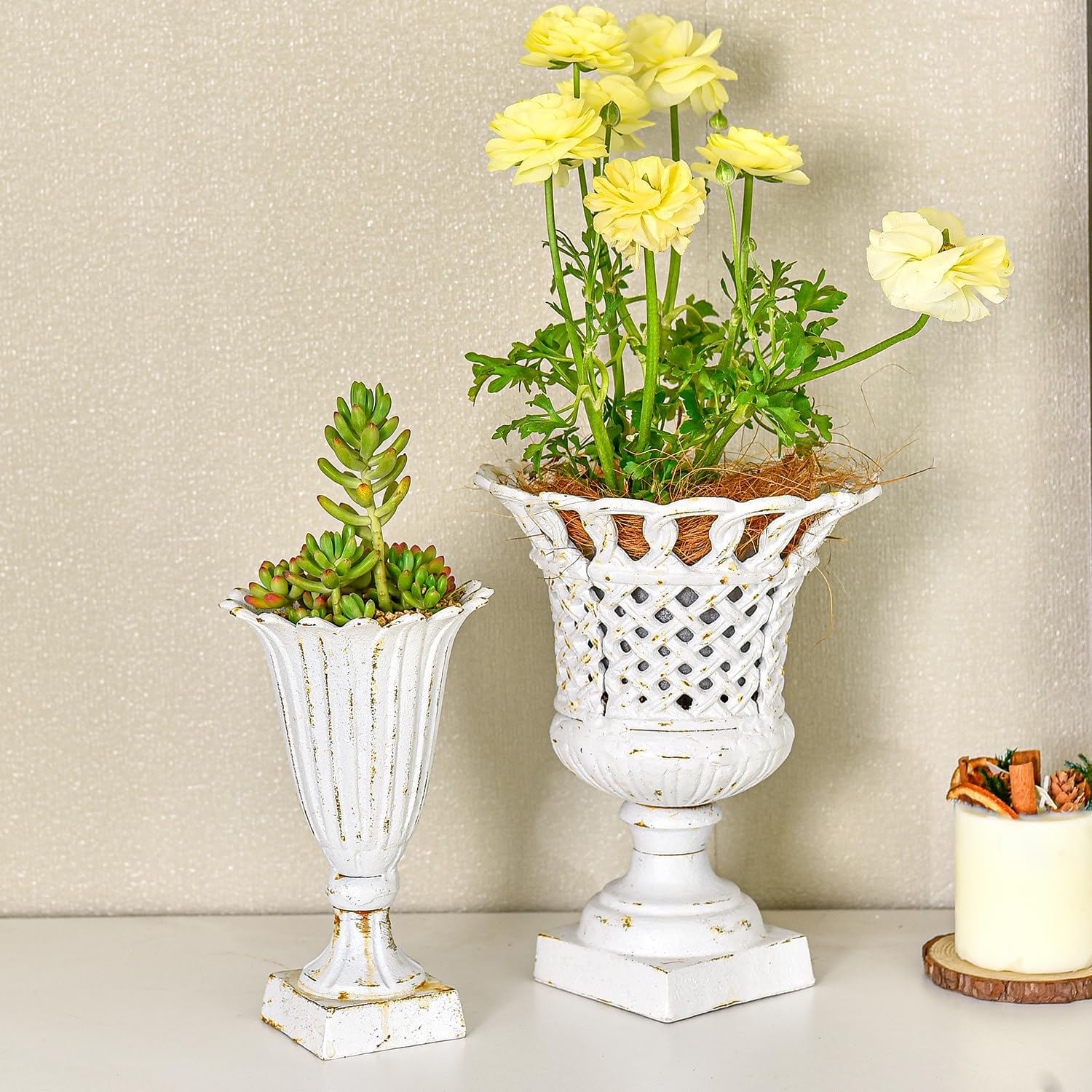 Sungmor Heavy Duty Cast Iron Decorative Vase, Unique Trumpet Shape, Rustic French Country Style, White, Perfect for Table Top, Indoor & Outdoor Use