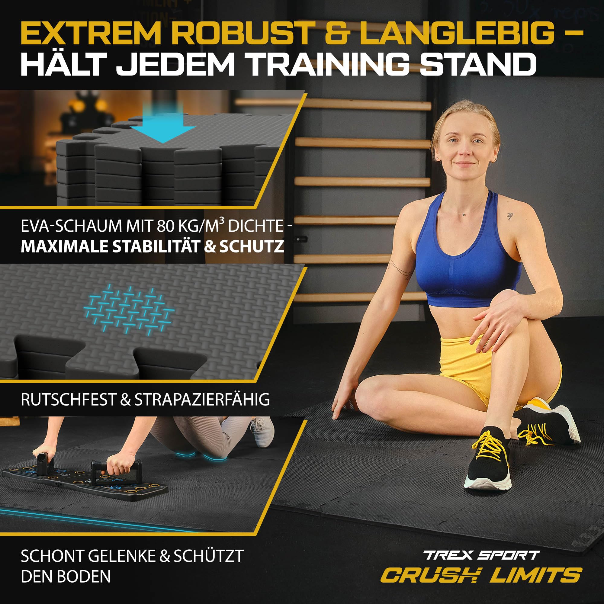 TREX SPORT Bodenschutzmatte Steckmatten 24/48 Stück 1 cm Schaumstoffmatten | Rutschfest, 1,97/3,84 m², Puzzlematte Bodenmatte, leise, robust