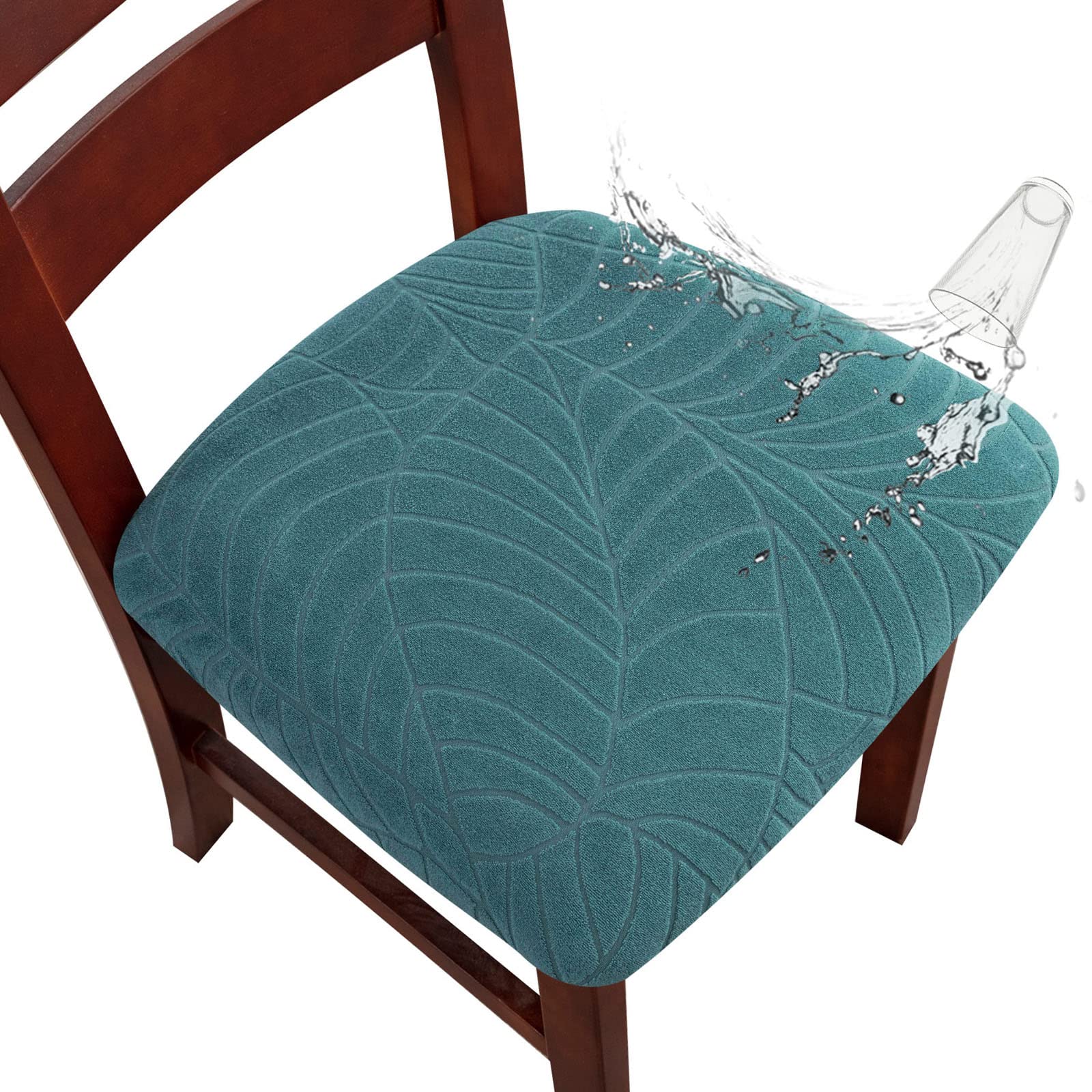 Genina Waterproof Seat Covers for Dining Room Chairs, Stretch Chair Covers Removable Washable Dinning Room Kitchen Chair Seat Cushion Slipcovers (Leaves-Peacock Blue, 4 PCS)