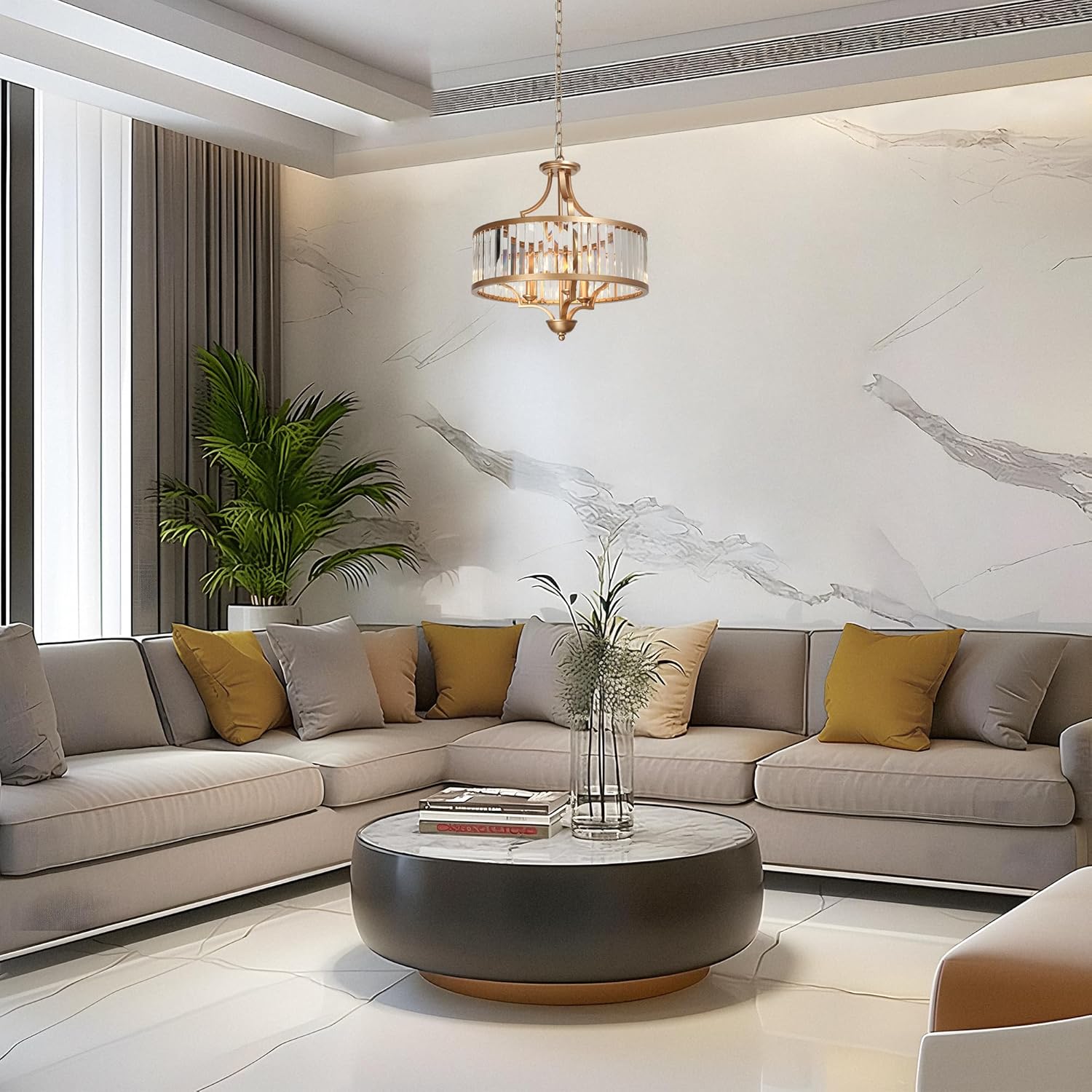 KSANA Gold Chandelier, Modern Drum Light Fixture with Crystal Glass for Dining & Living Room, Bedroom, Foyer and Kitchen
