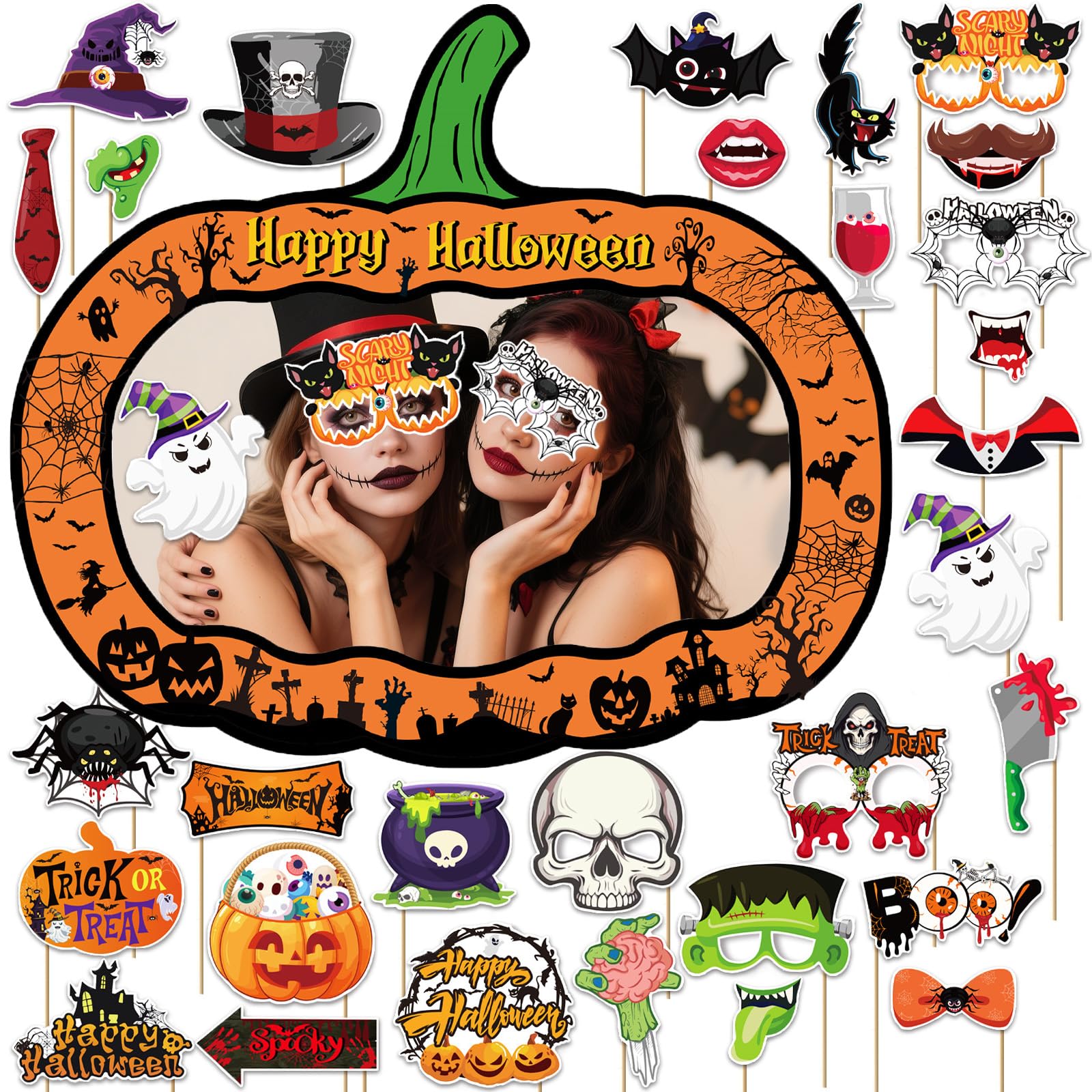 Acquwistach Halloween Pumpkin Inflatable Photo Booth with 30PCS Photo Booth Props, Selfie Picture Frame for Halloween Family Party
