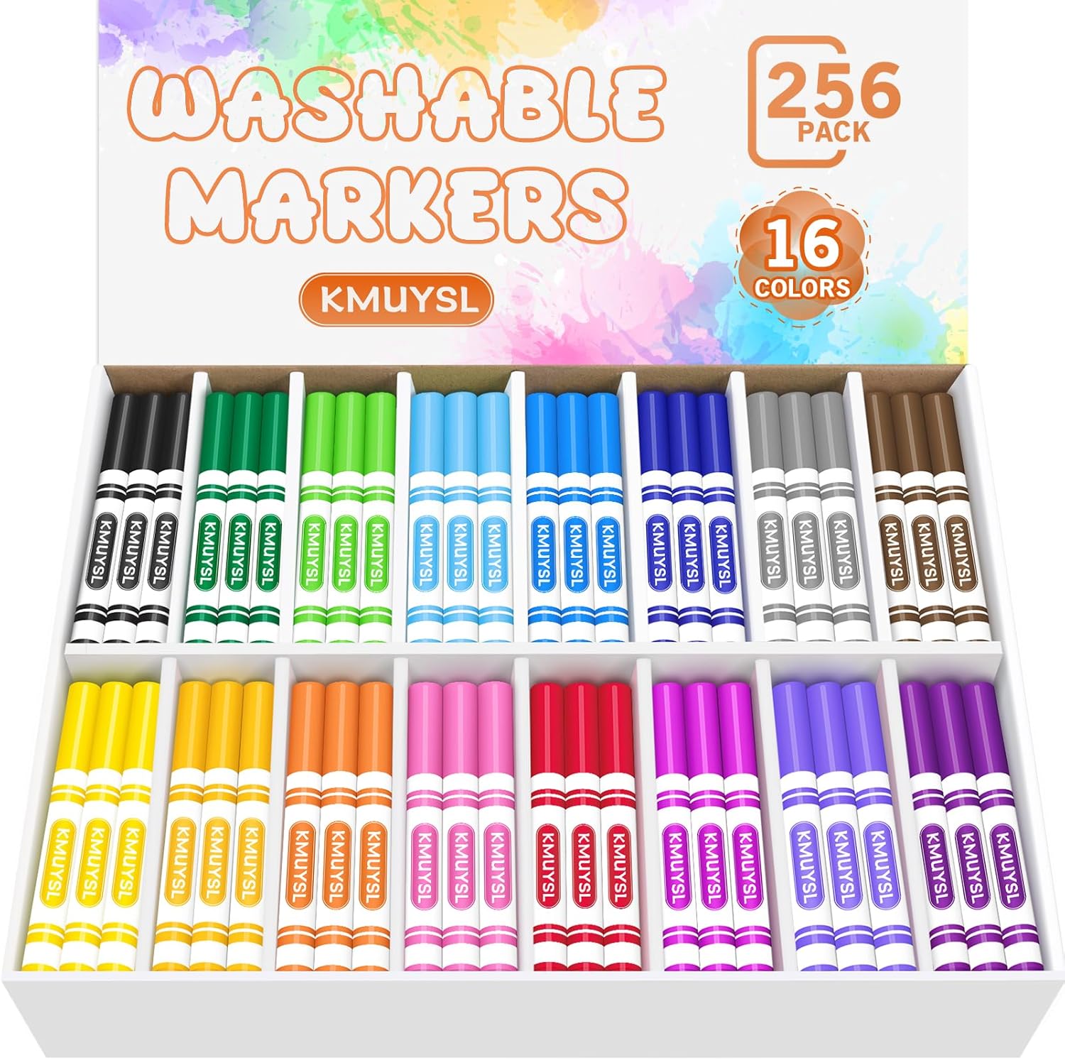 KMUYSL Washable Markers Bulk, Assorted Colors - Broad Line Conical Tip Coloring Markers for Kids, School Art Supplies & Back to School Supplies, Teacher Classroom Must Haves (16 Colors, 256 Pcs)
