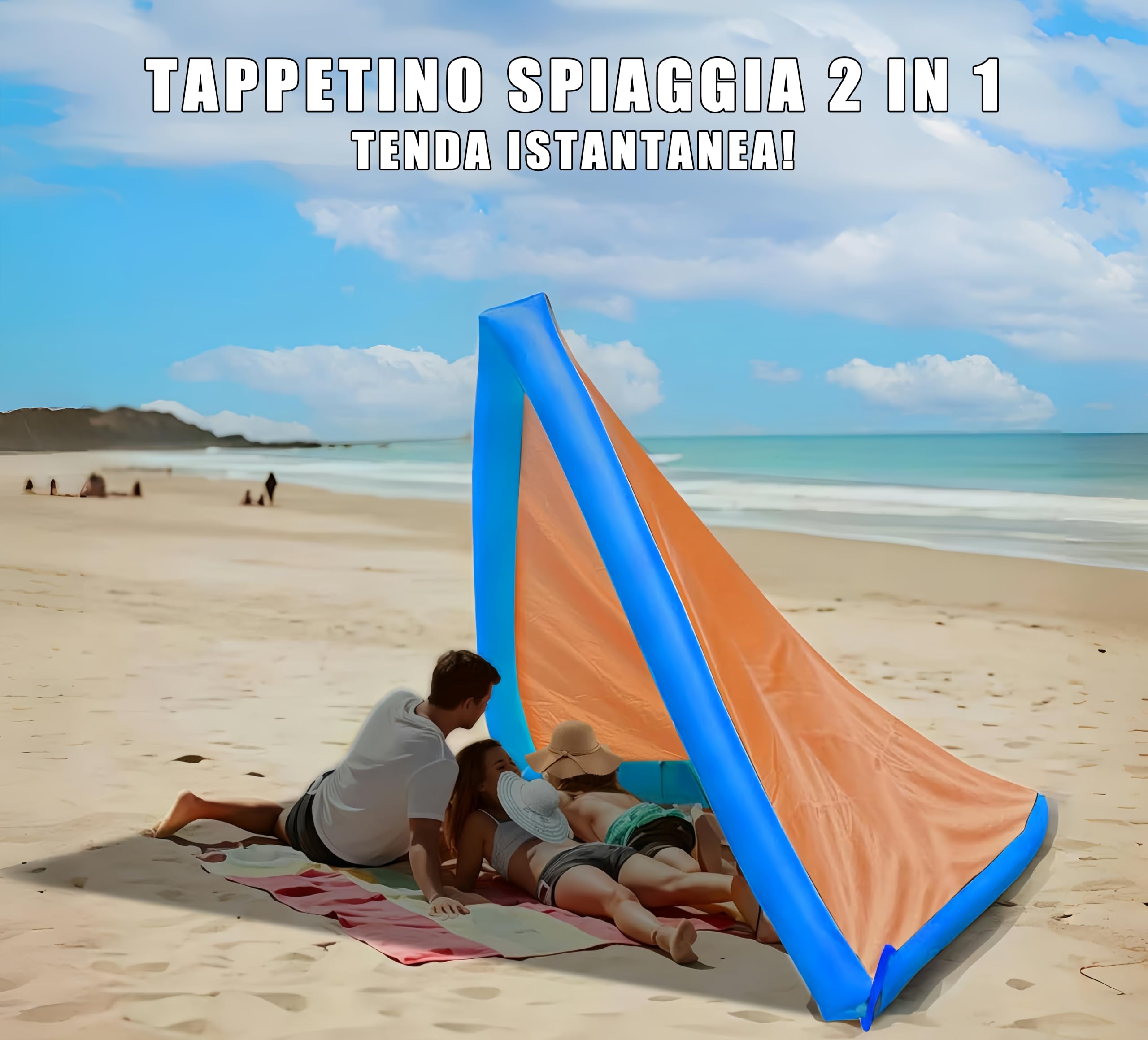 Stuoia Spiaggia, 200 X 210 cm con Telo Spiaggia Antisabbia, Impermeabile Telo Mare Grande con Cuscini Gonfiabili 15 cm, Stuoia Mare si Trasforma in Tendina, Stuoia Campeggio, Coperta Picnic