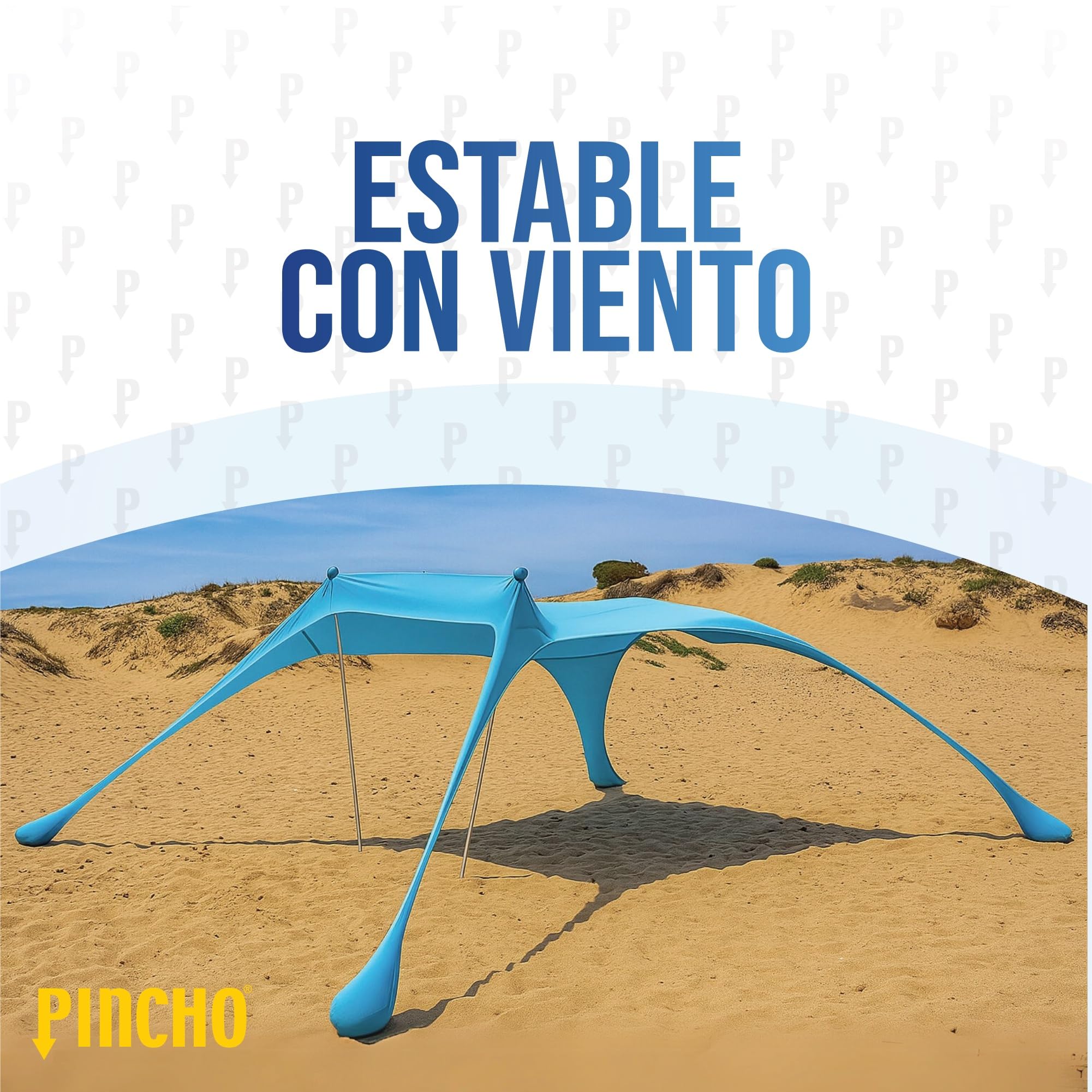 PINCHO Carpa Playa Portátil UPF50+ 210x210 cm para 2-3 Personas, Toldo Playa Plegable con Anclas de Arena, Palos de Aluminio y Refugio Solar Resistente al Viento para Camping y Jardin