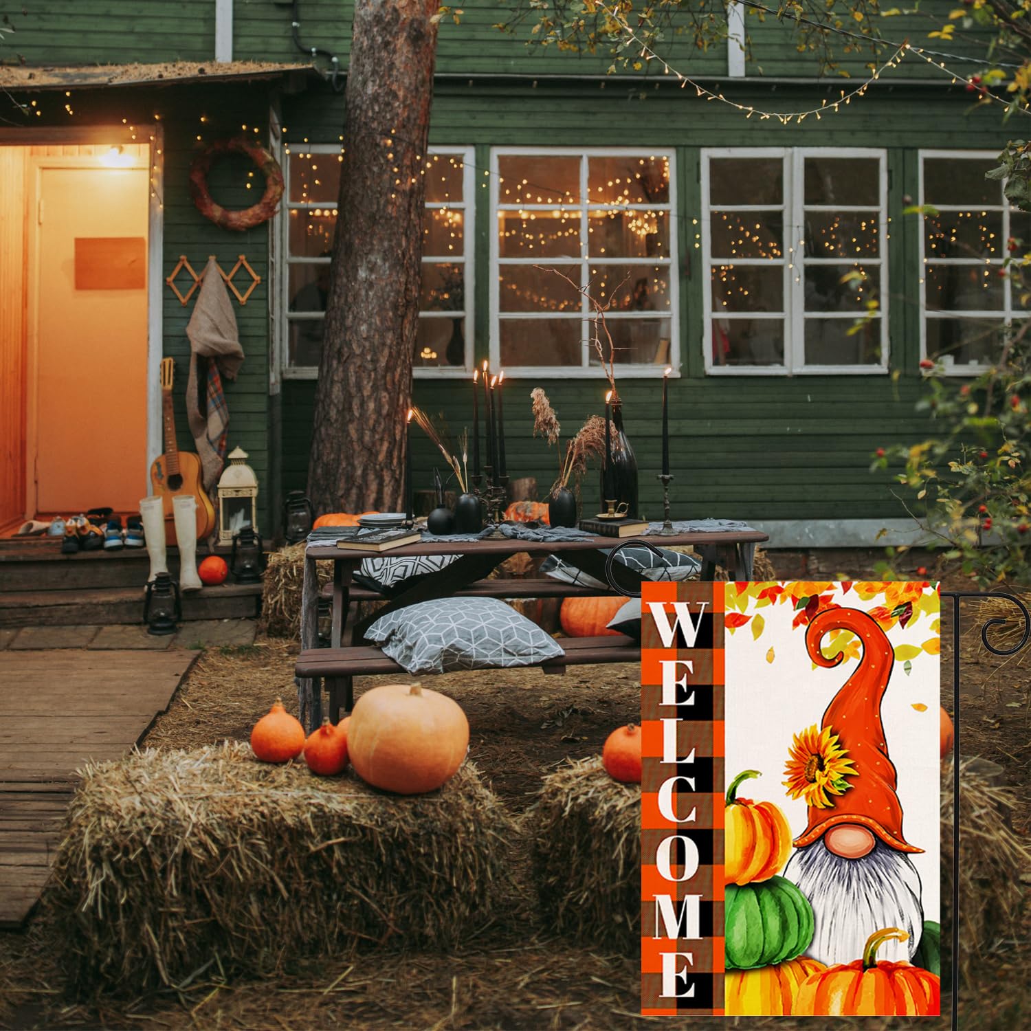 YOVOYOA Herbst-Gartenflagge – 'Hallo Herbst' Mit Zwergen & Kürbis, 71x102 Cm, Doppelseitig