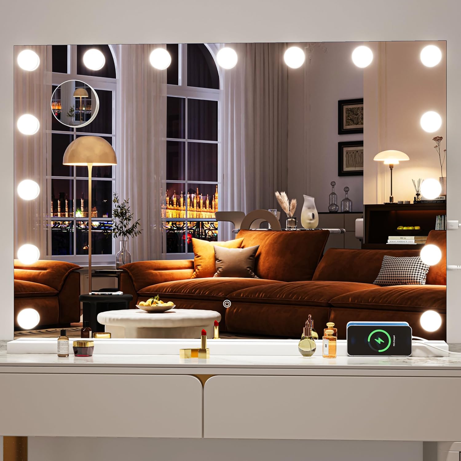 Hasipu Hollywood Vanity Mirror with Lights, 32" x 22" Makeup Mirror with 15 Dimmable LED Bulbs 3 Color Modes & Detachable, 5X Magnifying Glass, Touch Control, USB and Type-C, Tempered Glass White 32" x 22"