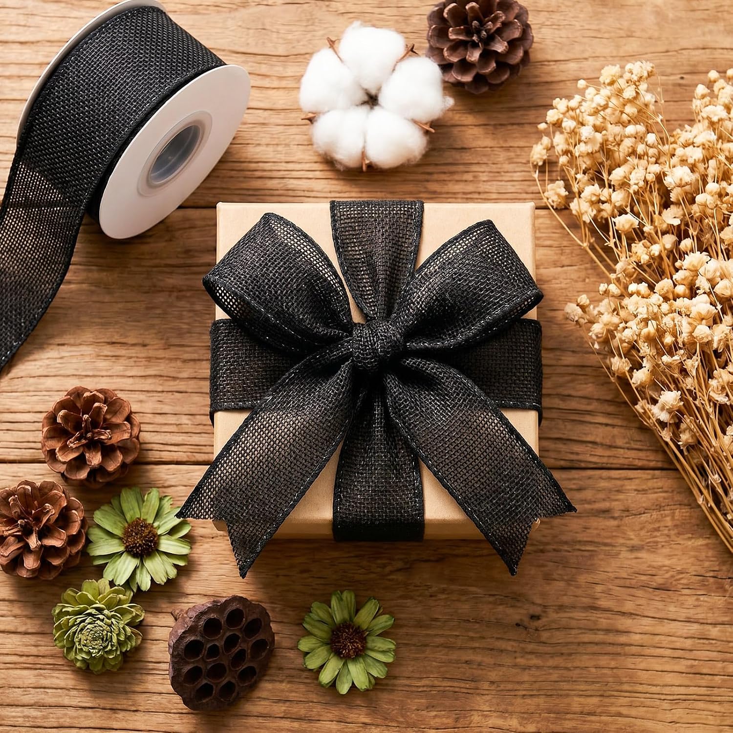Black Burlap Wired Ribbon, 1.5 Inch × 10 Yard image 4