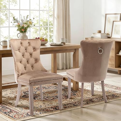 Miniatura 83 de Juego de 6 sillas de comedor de cuero, sillas laterales con respaldo alto, silla lateral tapizada moderna con anillo trasero de botón, patas de negro