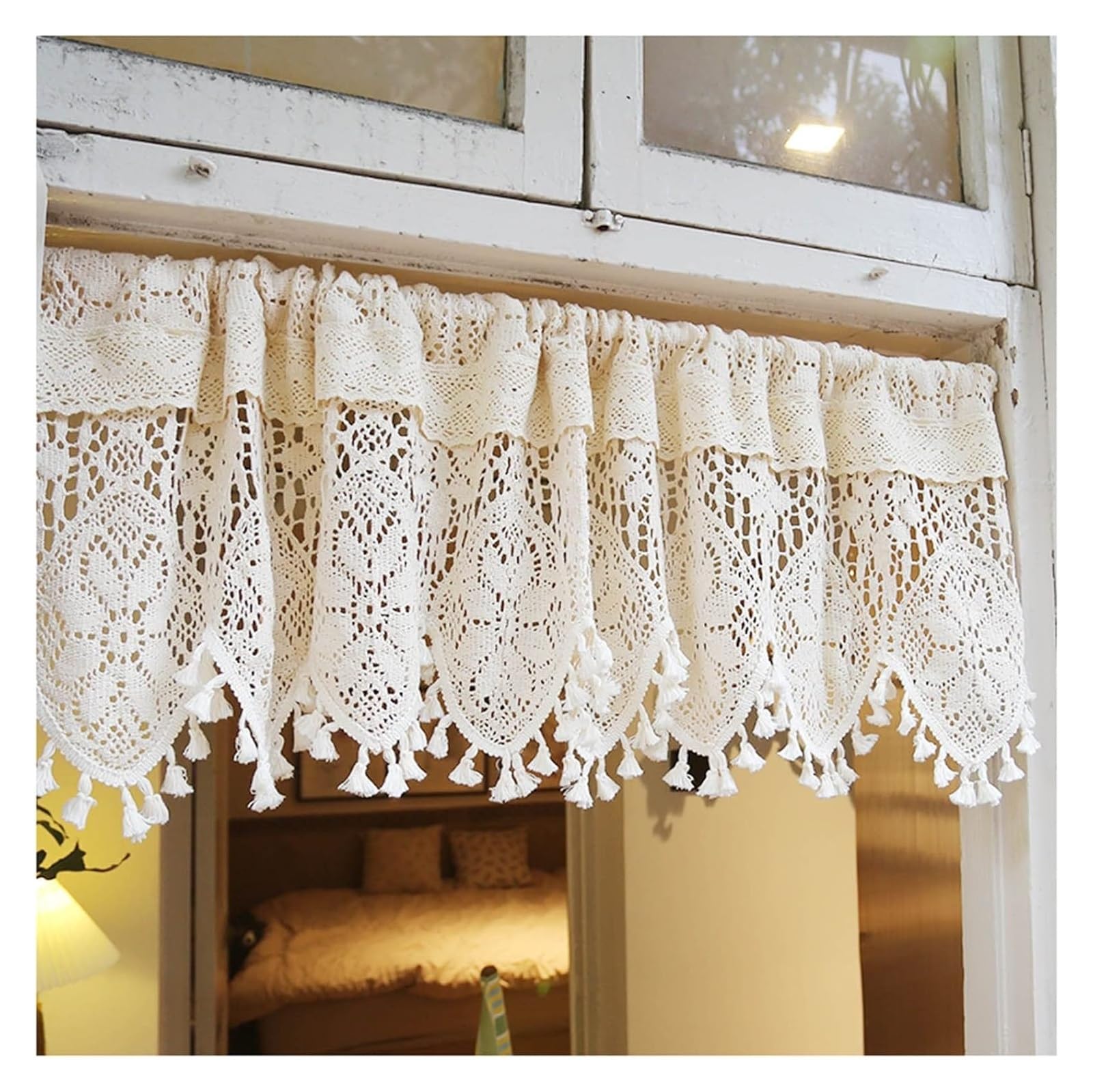 KXCVBNKLJ Voile curtains, Shabby Chic Tassel Lace Crochet Valance, Rod Pocket, Cotton Tier, Multiple Sizes(WxH 112x40cm/44x16in)