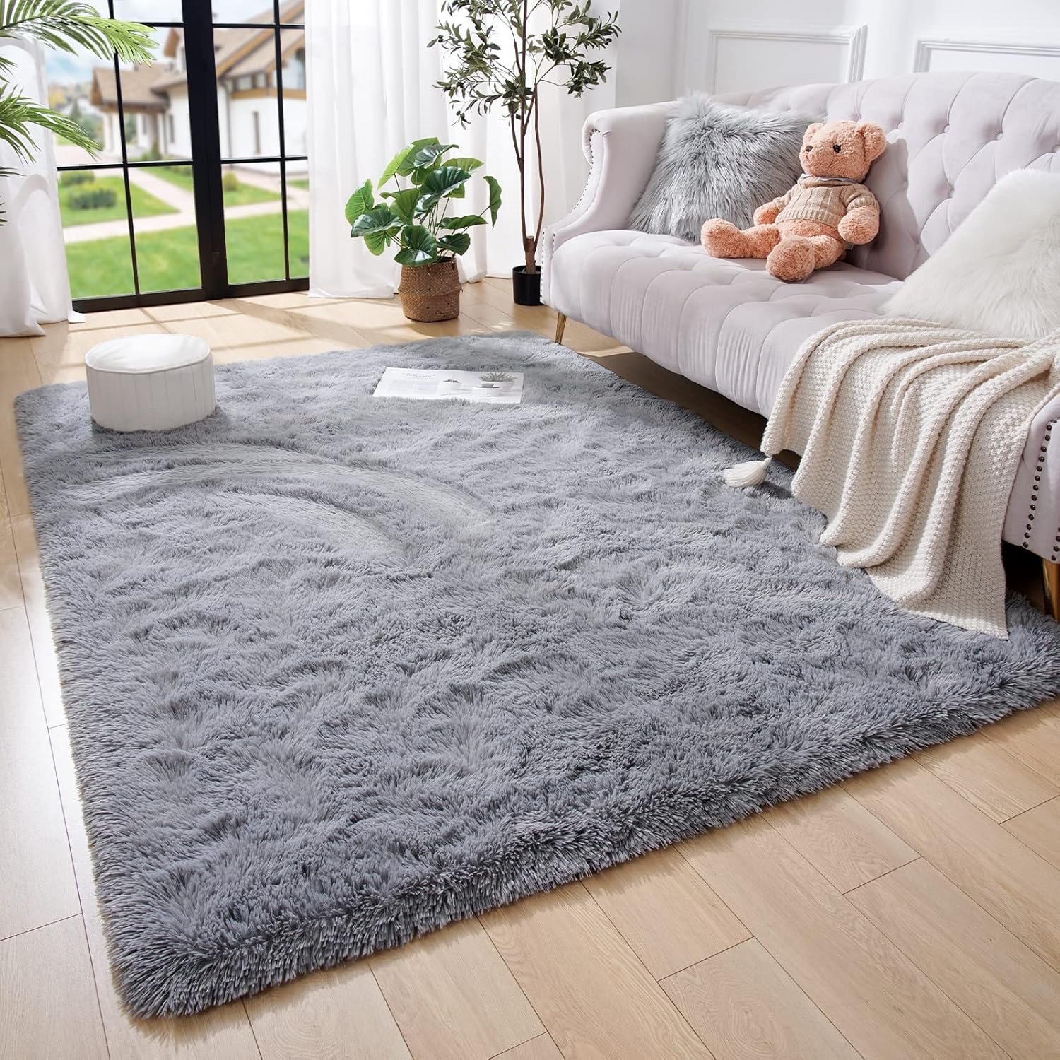 INSPIRE HOMEWARE Fluffy Shaggy Grey Rugs for Living Room Bedroom 140 x 200cm Large 450 GSM Non Slip Carpet Thick Soft High Pile Bedside Area Rug for Kids Nursery Room Non-Shedding