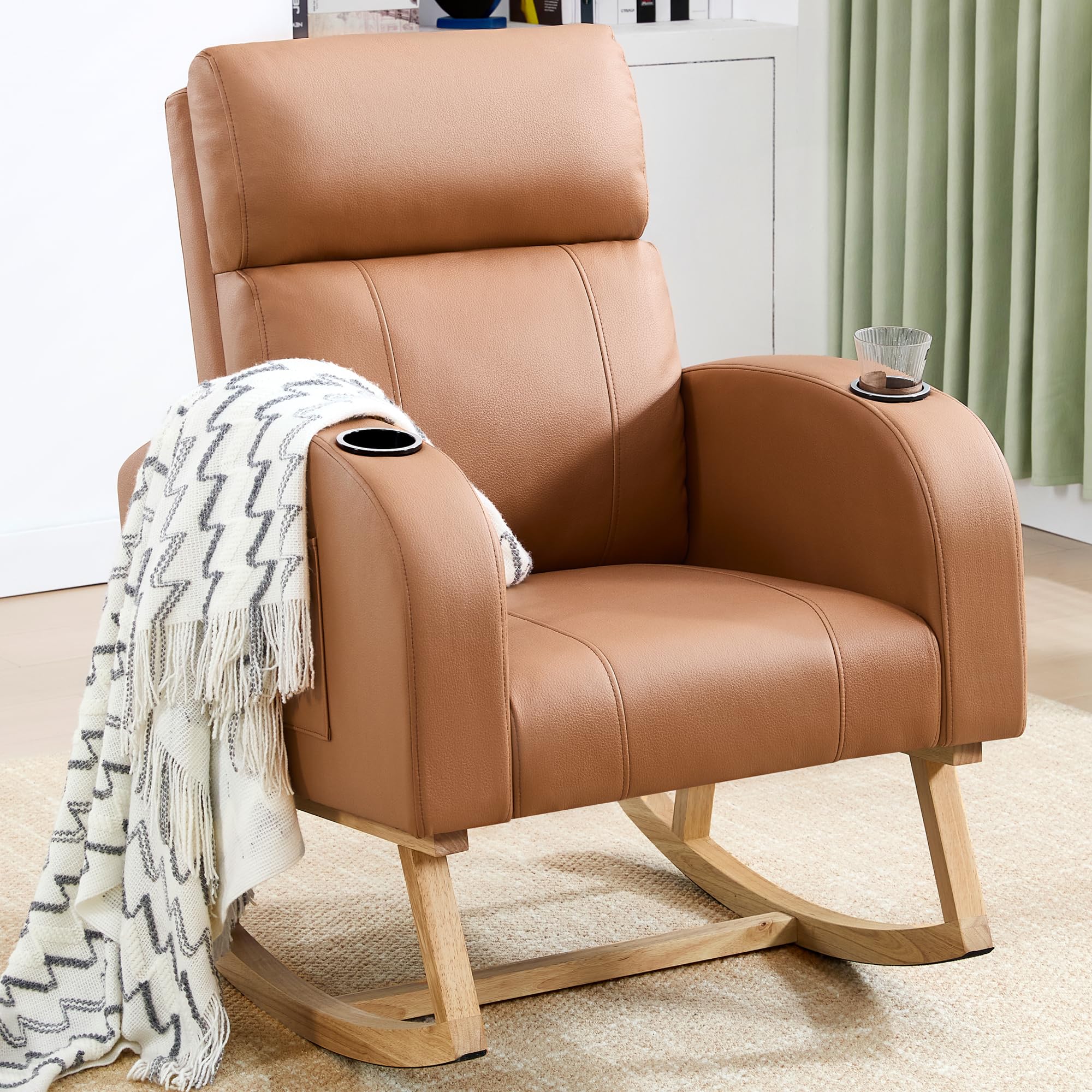 Rocking Chair Nursery, Leather Nursery Rocking Chairs with Cup Holders, Nursing Rocking Chair Glider Rocker Indoor for Adult, Living Room, Bedroom, Brown
