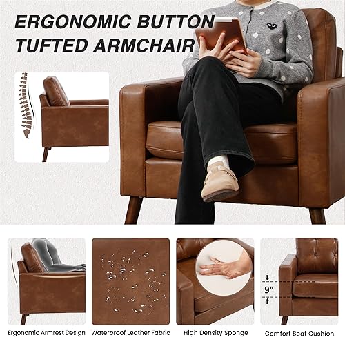 Miniatura 3 de HNY Sillón moderno de mediados de siglo, silla decorativa de piel sintética con botones y brazo, silla tapizada para sala de estar, color caramelo