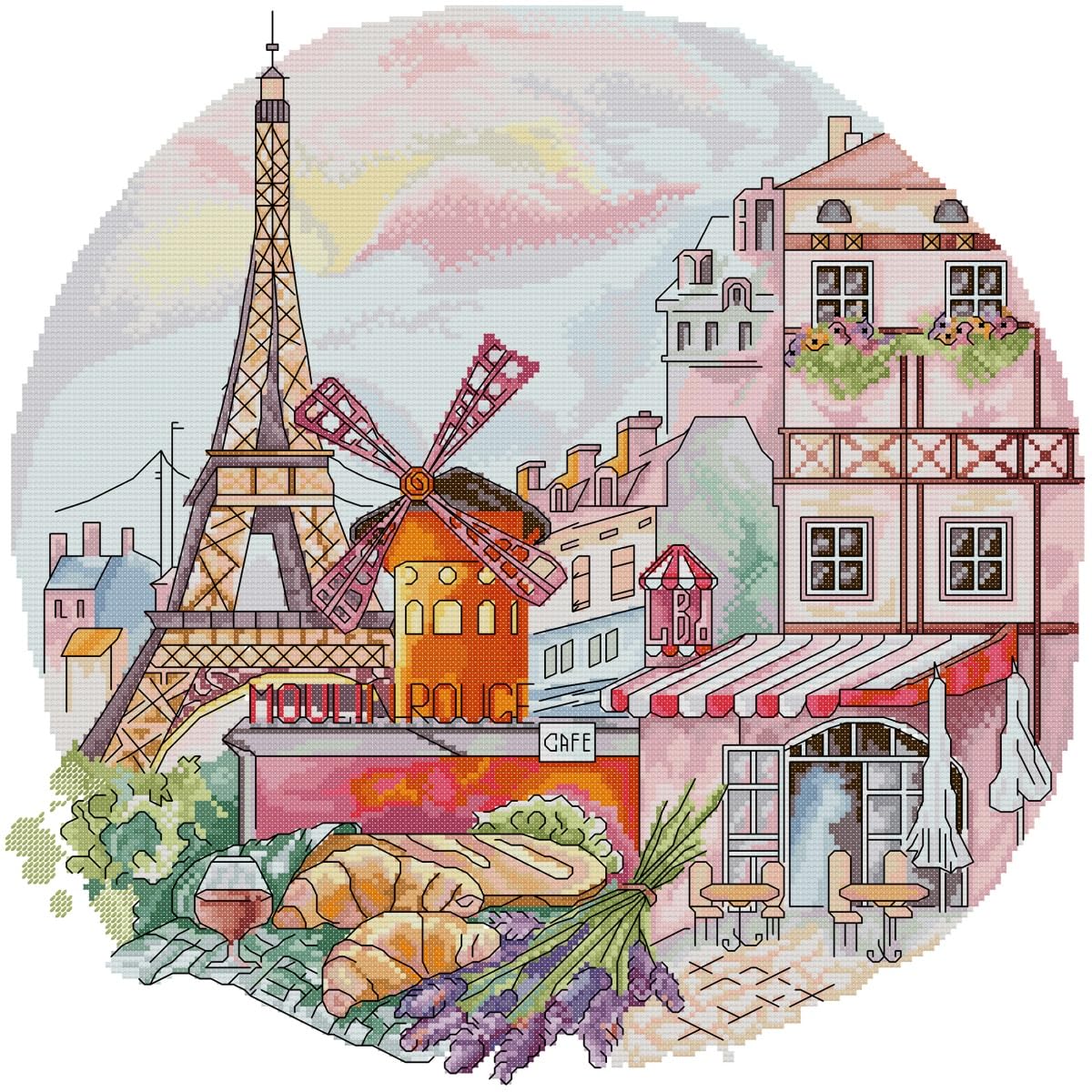 Awesocrafts Cross Stitch Stamped Kits Eiffel Tower Moulin Rouge Cafe Bread Easy Patterns Cross Stitching Embroidery Needlework Kit Supplies 14CT 2 Strands