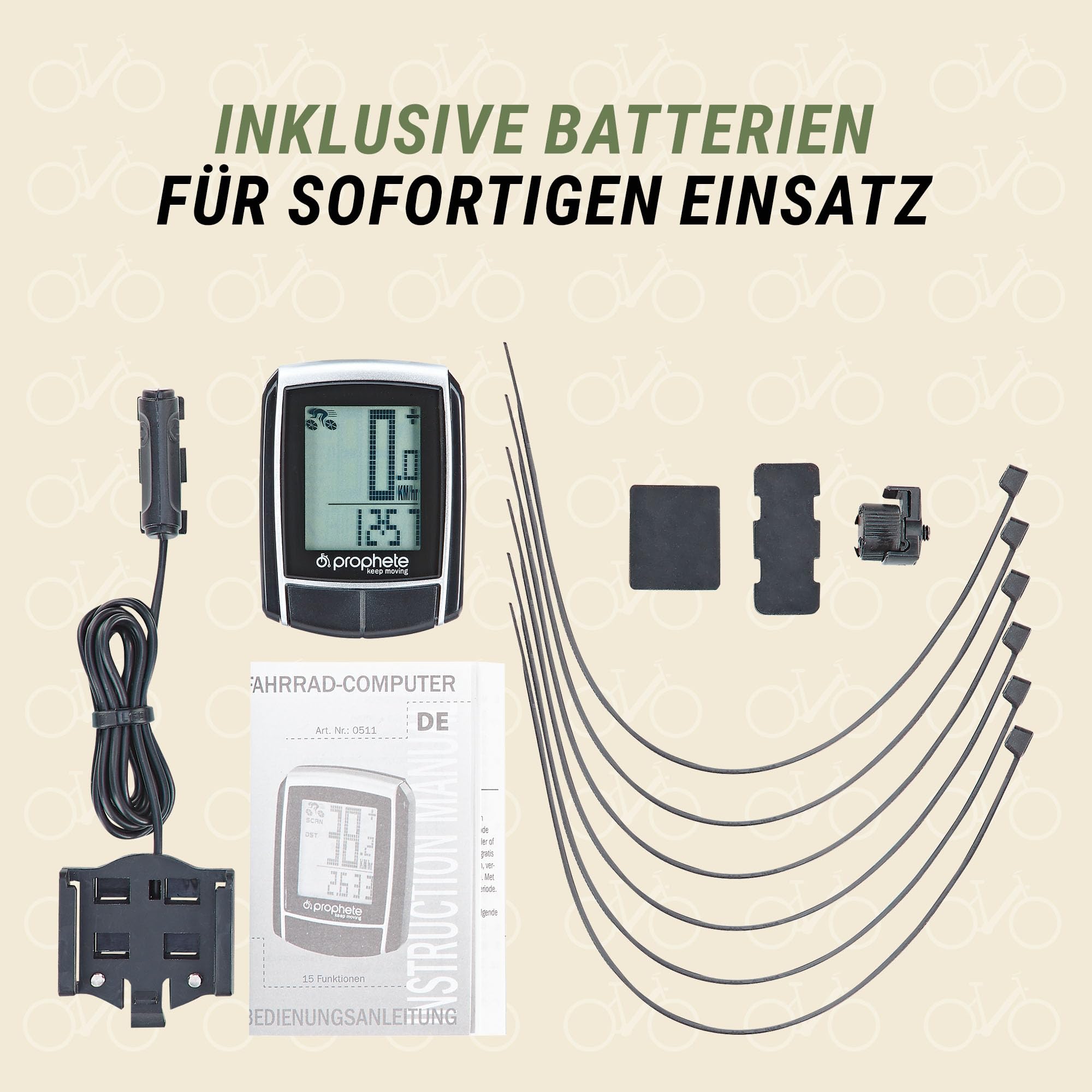 Prophete Fahrradcomputer, 15 Funktionen, inklusive Befestigungsmaterial, Fahrraddisplay mit Speicherfunktion, Farbe schwarz Sport & Freizeit