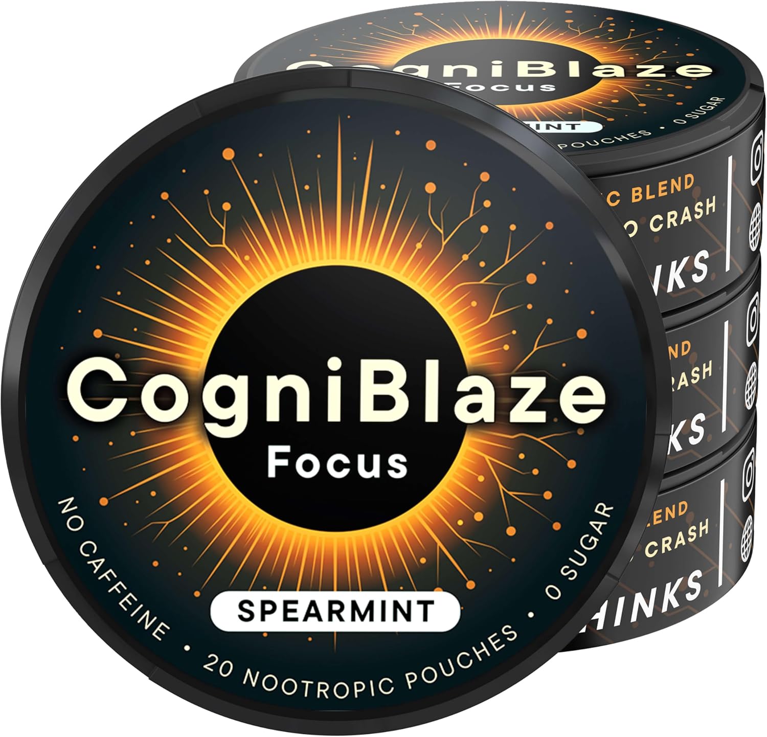 Nootropic Pouches Caffeine Free (Spearmint) | 80 Focus Pouches for Clarity | 4 Pack (20 Per Can) | Mental Energy Pouches | 25mcg Huperzine A per Nootropic Pouch | Zero Calories