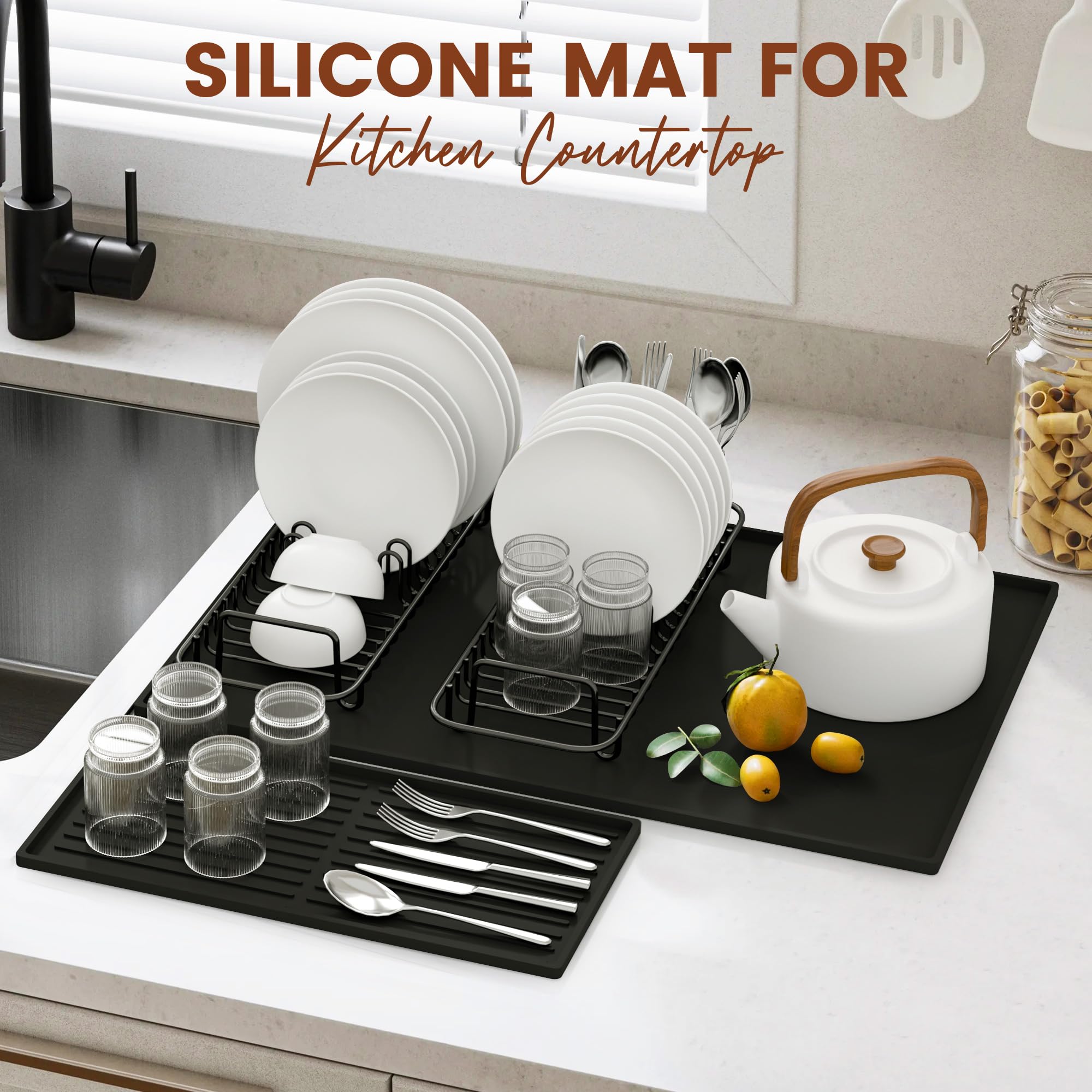 SOSMAR Tappetino in Silicone per Caffè con Bordo Rialzato e Vassoio Separabile 60x40 cm, per Macchina da Espresso, Scolapiatti e Asciugapiatti (Nero)
