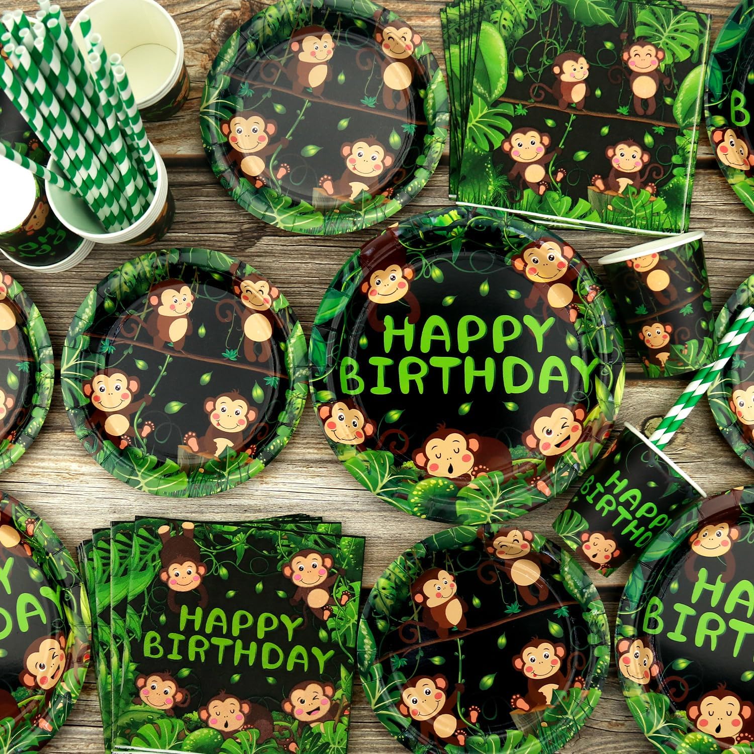 Monkey Party Supplies - Monkey Party Tableware - Dinner Plates Desserts Plates Cups Napkins Tablecover Straws for Wild Jungle Animal Monkey Theme Birthday Supplies, Serves 20 - Image 5