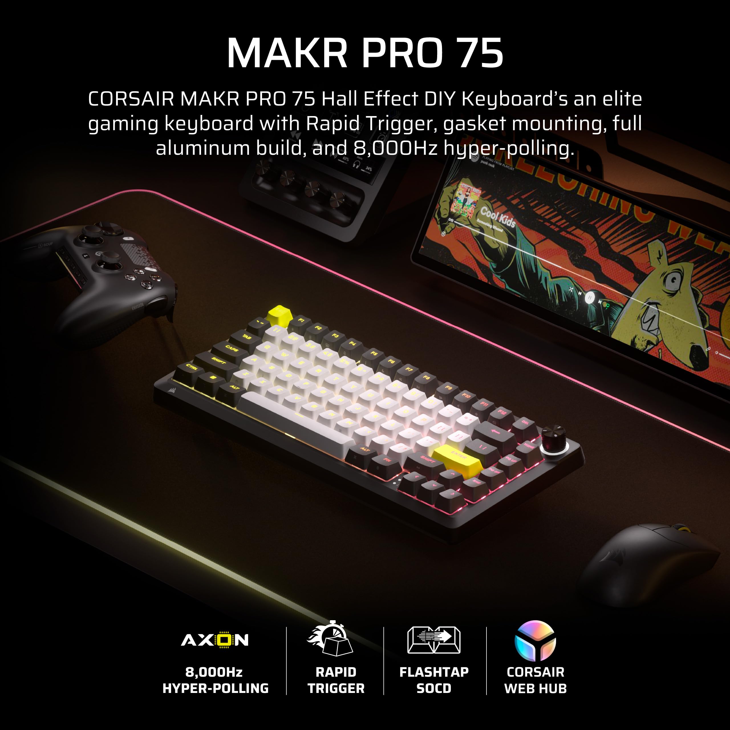 Corsair MAKR PRO 75 Hall Effect Tastiera meccanica magnetica da gioco fai da te cablata - Layout al 75%, switch MGX Hyperdrive, doppio controllo, grilletto rapido, SOCD FlashTap, 8.000 Hz, USA