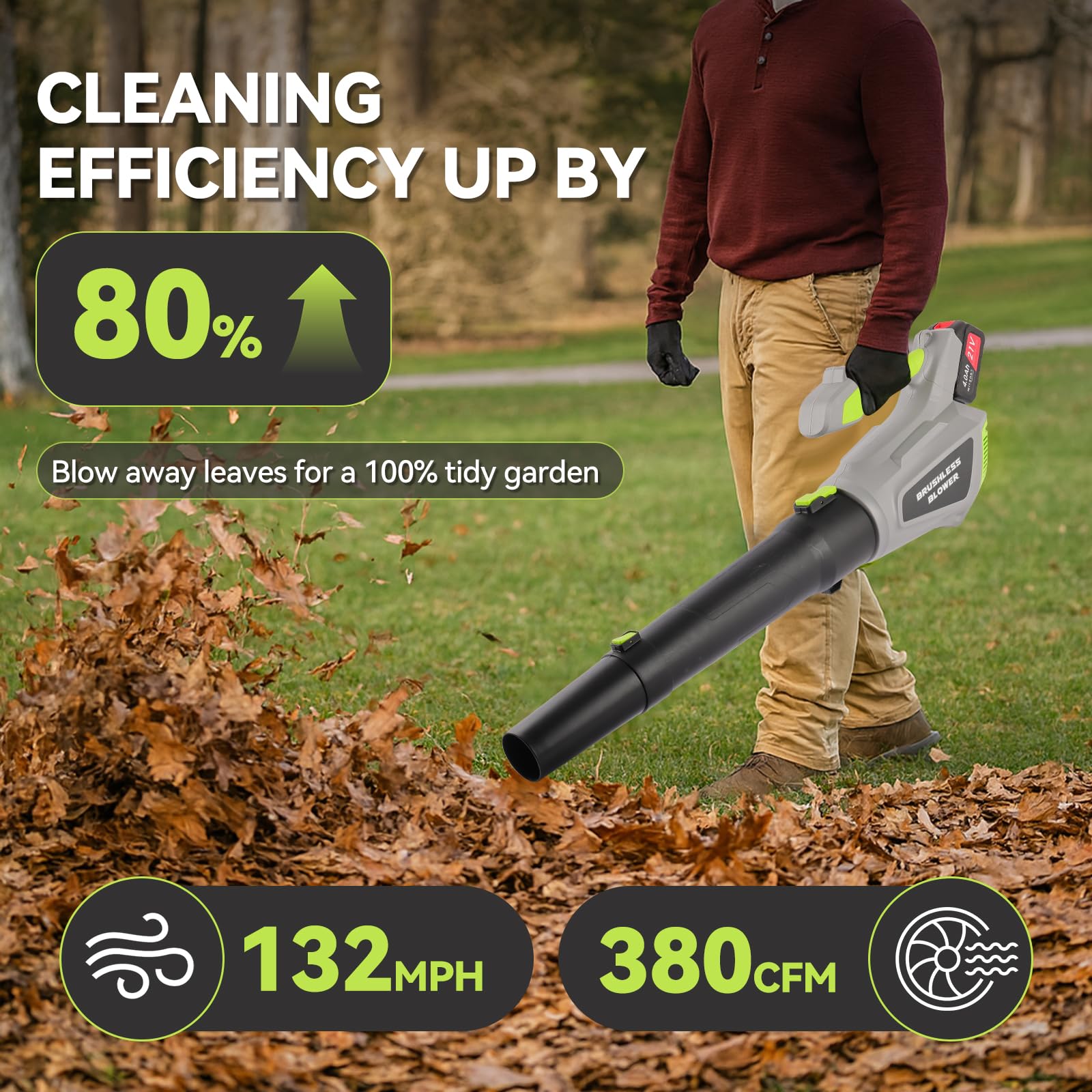 Soplador de Hojas Batería ,con 2x4.0Ah Baterías y Cargador, 132MPH, 380CFM, 3 Velocidades, con Tubo Recto y Curvo, Sopladora de Aire Potente para Jardín, Patio, Césped, Polvo y Hojas — view 3