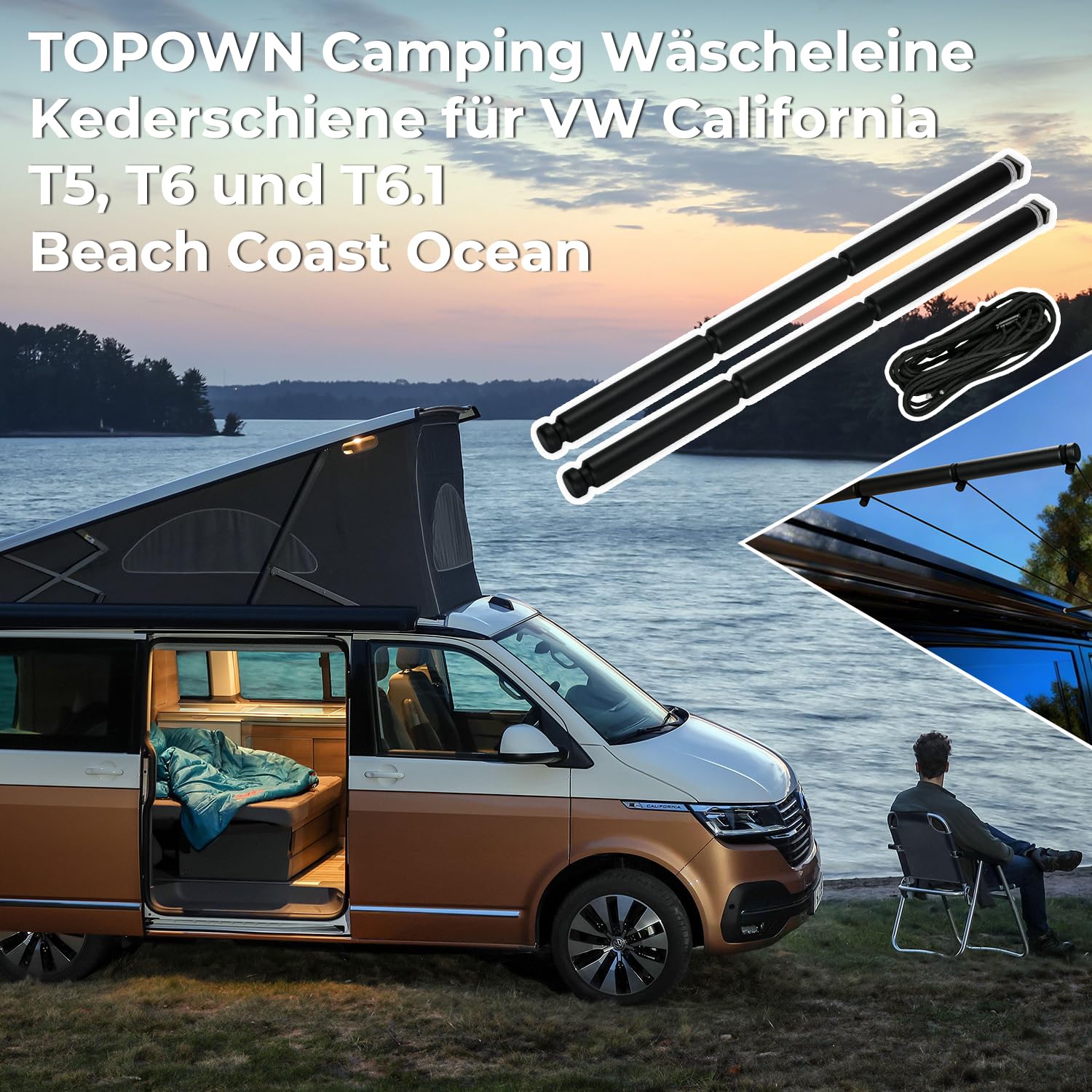TOPOWN Camping Wäscheleine für VW California, Camping Wäscheleine für California T6 T6.1 (Ocean/Coast/Beach), Camping Wäscheleine Kederschiene für VW California T5 T6 T6.1, zubehör für VW T5 T6