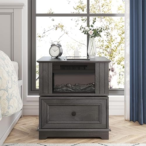 Miniatura 7 de REDAYFUR Mesa auxiliar giratoria con calentador eléctrico de 13 pulgadas, mesa auxiliar con estación de carga rápida, mesa auxiliar de chimenea de