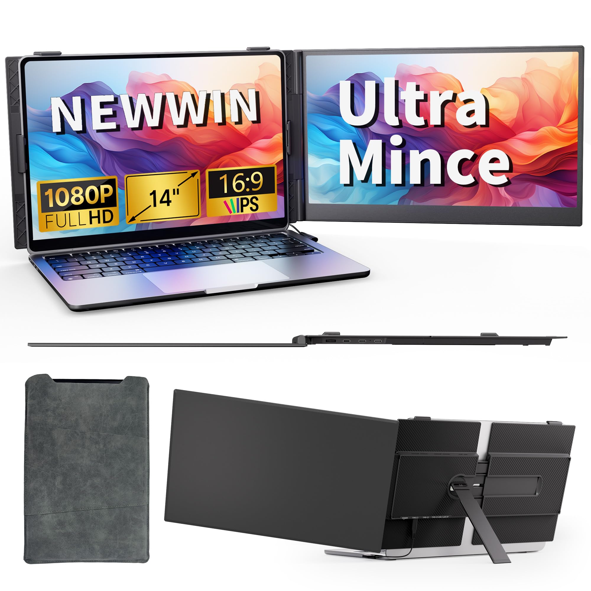 Double Ecran PC Portable Ultra Mince Léger 14,01" FHD 1080P IPS Extension Ecran PC Portable Moniteur Ecran Supplémentaire pour 13,3-17" Ordinateur Portable Compatible avec Windows MacBook