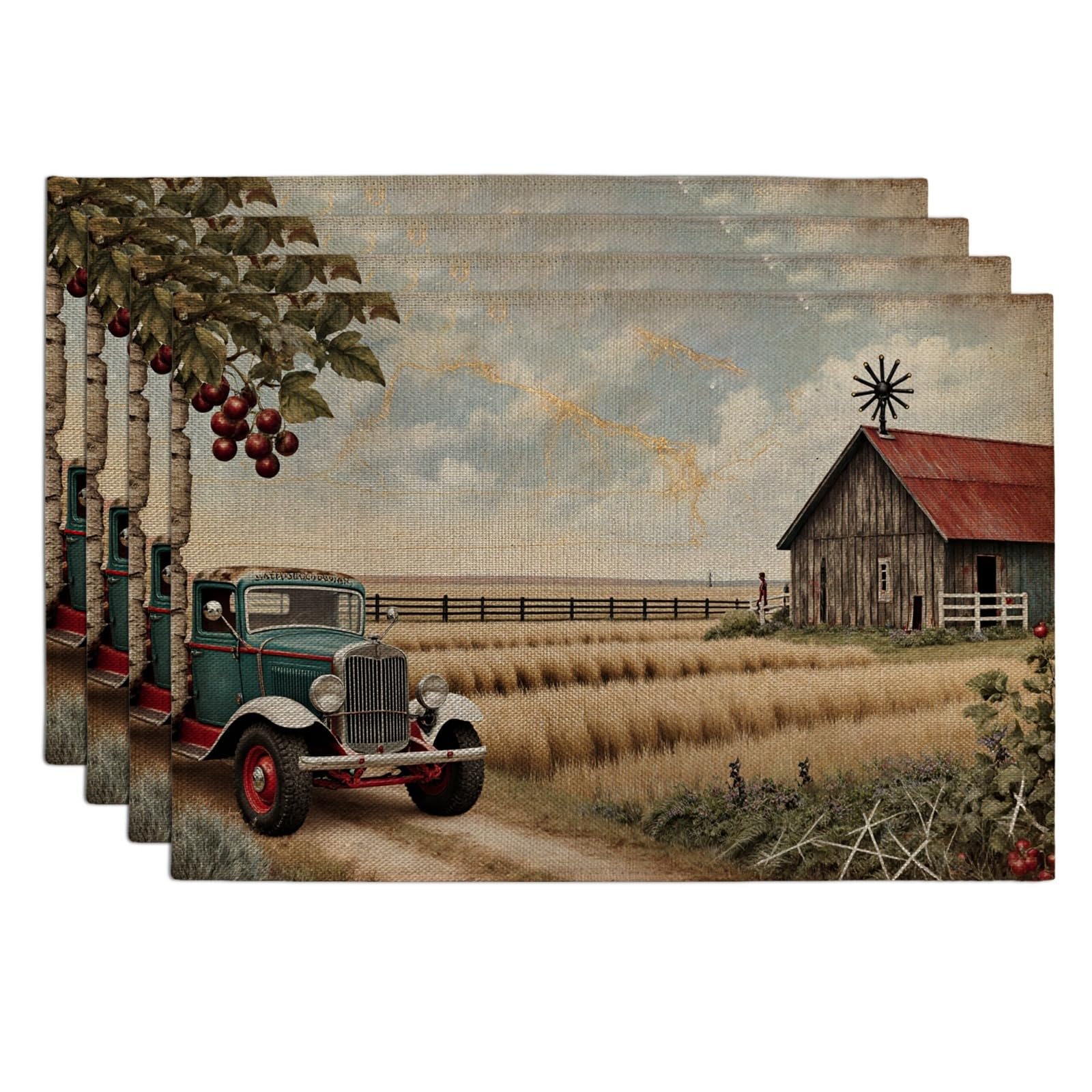 Vintage Truck Placemats, Rustic Farmhouse Table Mats for Dining, Autumn Harvest Non-Slip Washable Indoor Outdoor Kitchen Party Decorative Placemat Set of 4