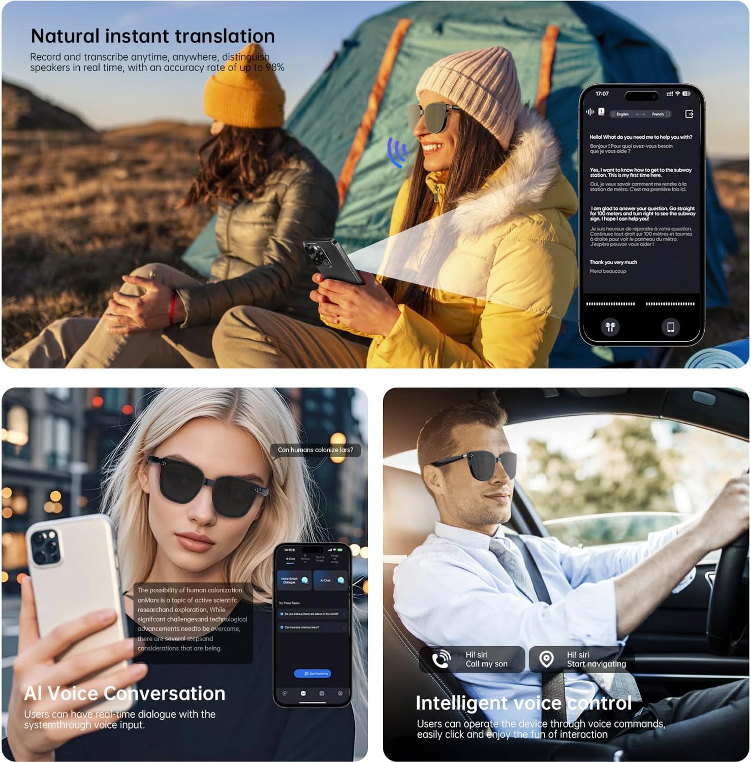 AI Smart Glasses for Men and Women with Chat GPT, Real Time Translation Glasses with 164 Languages,Sunglasses Music Playback, Hands-Free Calls, Open-Ear Audio for Travel, Meetings