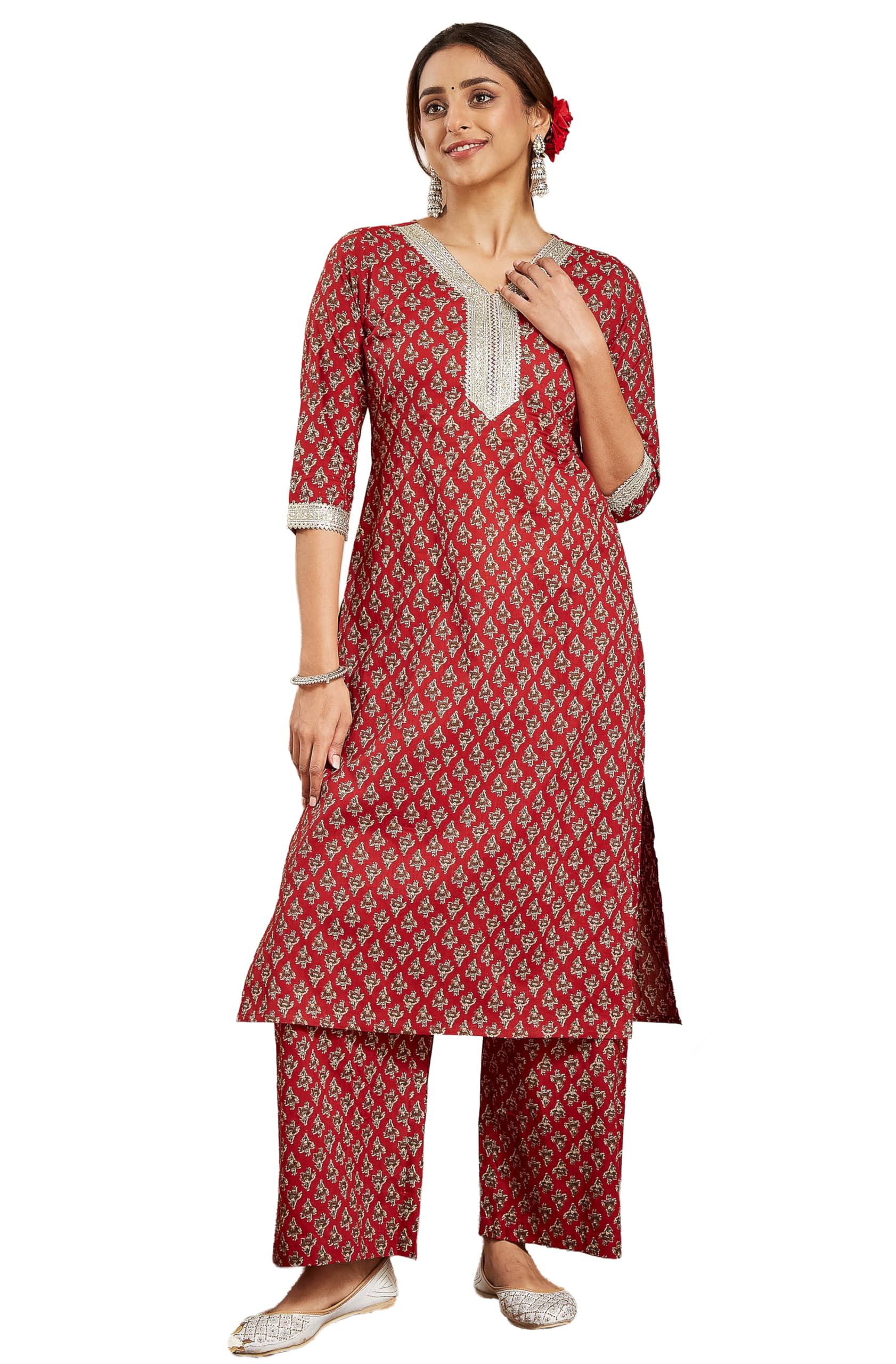 janasya Women's Maroon Pure Cotton Embellished Floral Printed Straight Kurta with Pant Set-picture-25