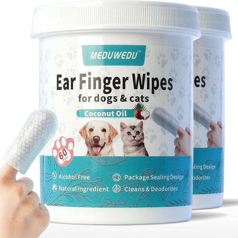 Lenços Umedecidos para Limpeza Auricular de Cães e Gatos MEDUWEDU com Encaixe no Dedo, Aroma de Coco, 120 Unidades