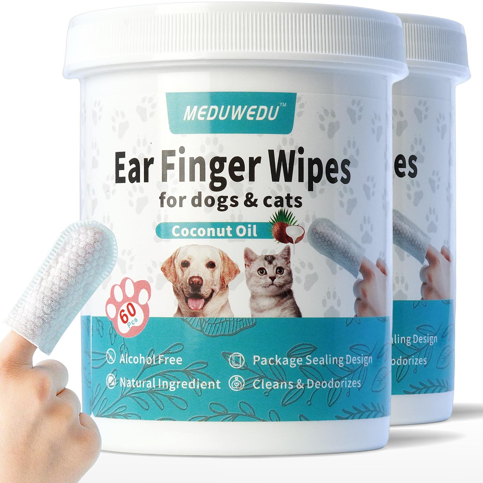MEDUWEDU Ear Cleaner Finger Wipes 120 Counts, Dog Ear Cleaner, Grooming Kit Care for Dogs and Cats, Soft & Easy Otic Cleaning Pads, Remove Wax, Dirt &