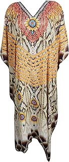 Mogul Interior Womens Caftan Maxi Dress Printed Brown Vocational Lounger Kaftan L