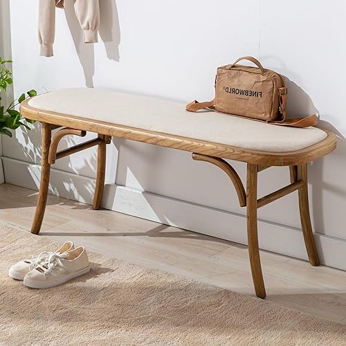 Banco de comedor de madera de granja con asiento acolchado, banco de acento bohemio para entrada, dormitorio, extremo de cama, ventana de cocina,