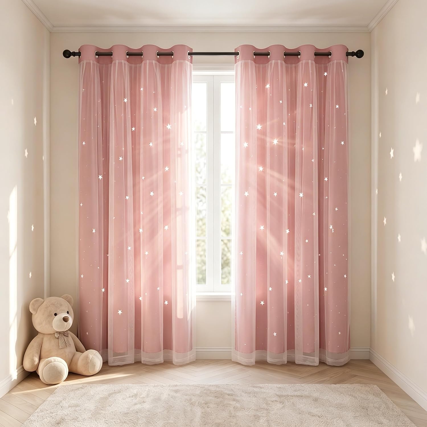 Star Cutout Blackout Curtains for Bedroom 52"W x 36"L 2 Panels Pink image 2
