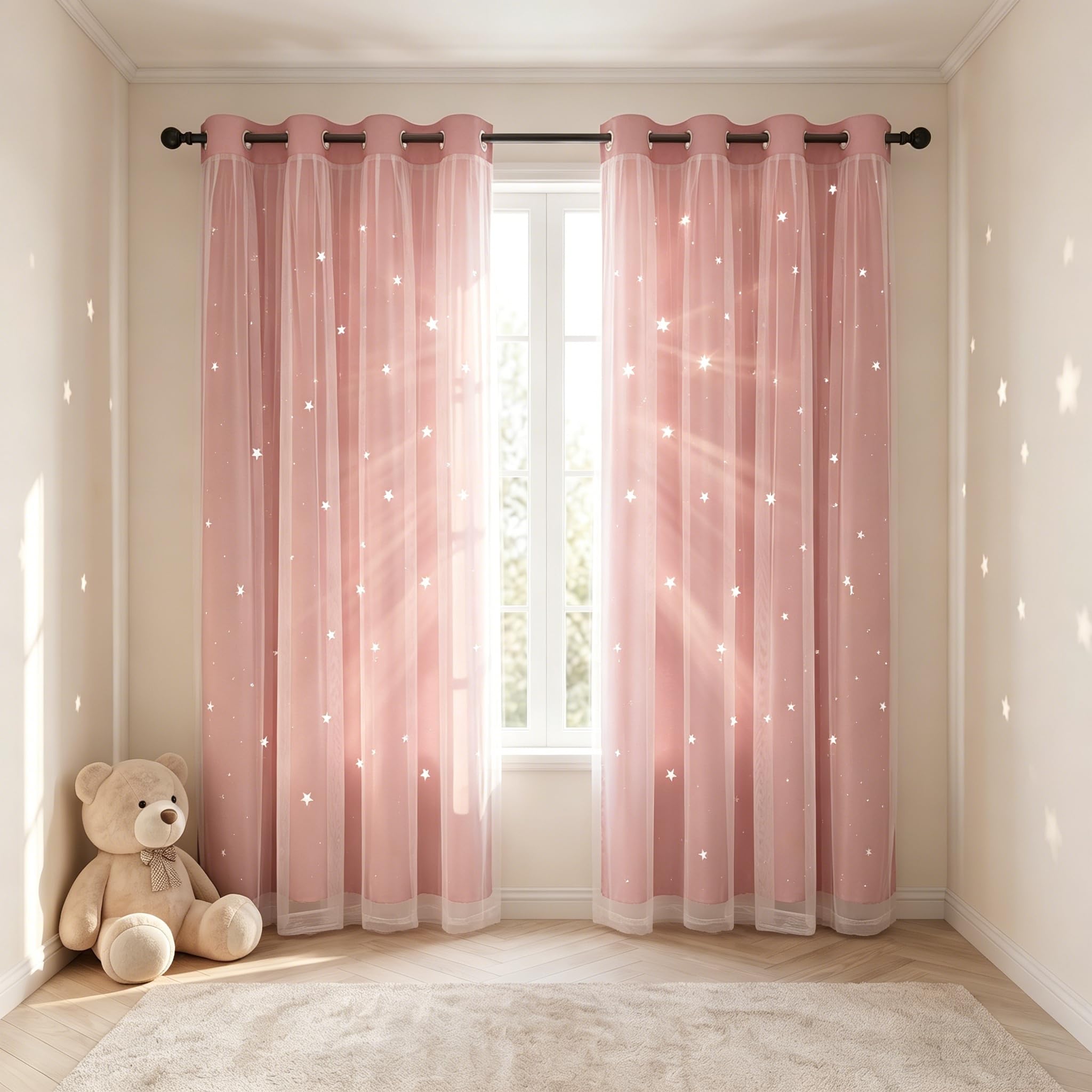 Lot de 2 Rideaux de Princesse pour Chambre de Fille avec Superposition Transparente, Double Couche pour Salon avec découpe étoile, Rideaux pour Chambre d'enfant (177,8 x 241,3 cm, Rose)