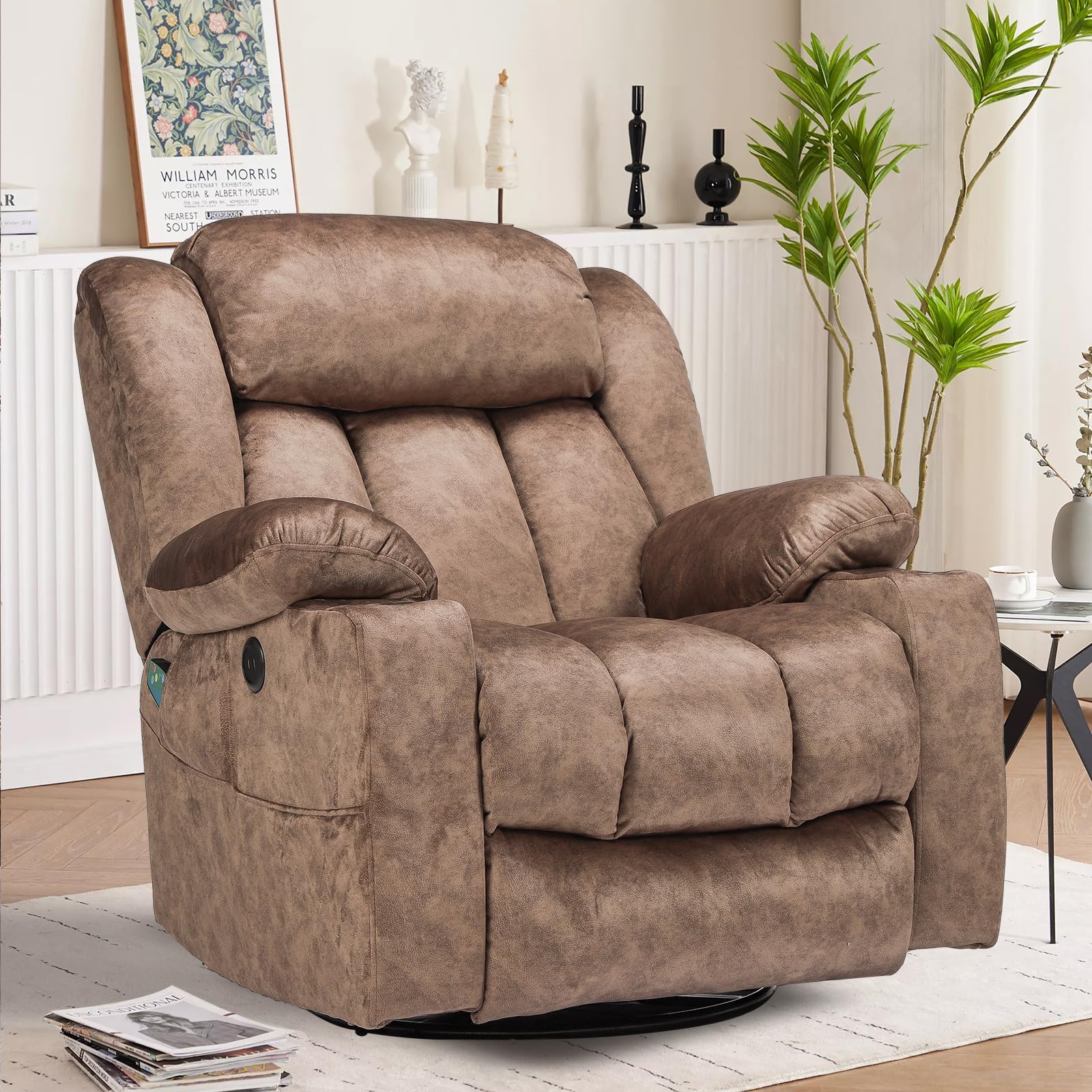VIVIJASON Manual Swivel Rocking Glider Recliner Chair with Heat & Vibration Massage, 360° Swivel Overstuffed Reclining Chair with 2 Cup Holders, Side Pockets & USB Ports for Living Room, Plush Brown