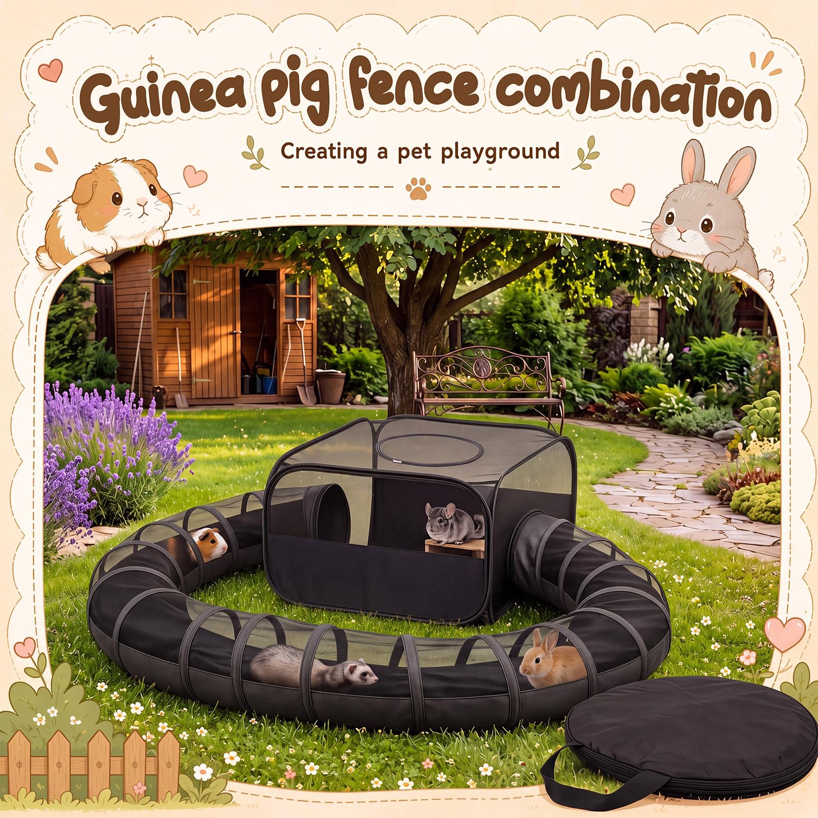 Lewtemi Meerschweinchen-Laufstall mit Tunnel, 60 x 70 x 41 cm, atmungsaktives Netz, Kaninchenlaufstall für Kaninchen, Hamster, Frettchen, Chinchilla, faltbares Kleintiergehege für drinnen und draußen