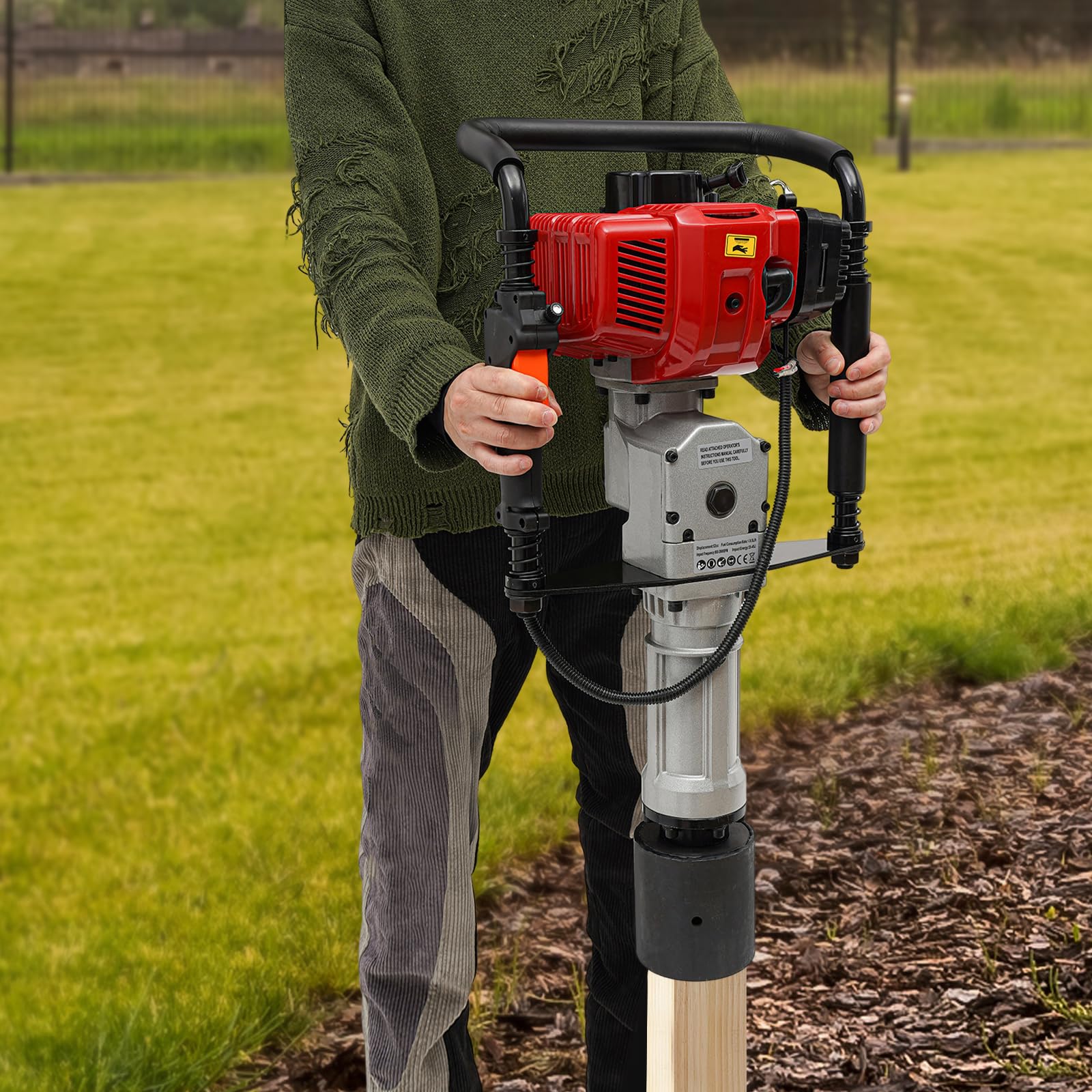 2 Stroke Gas Powered T Post Driver Portable Pile Driver Hammer with 52CC Gasoline Engine, 1900W Heavy Duty Fence Pile Hammer Garden Fencing Tool Kit w/ 3 Post Driving Head