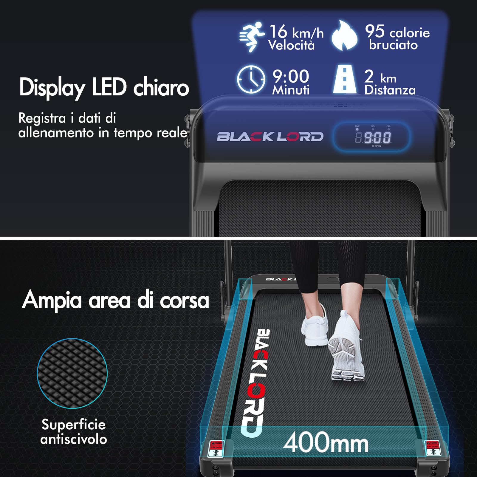 BLACK LORD Tapis roulant, Walking pad 9/12/16 km/h, Tappetino da corsa con/senza inclinazione del 9%, Sotto la scrivania, Portatile, Silenzioso, Display LED, App, Capacità di carico 120/130/140 kg