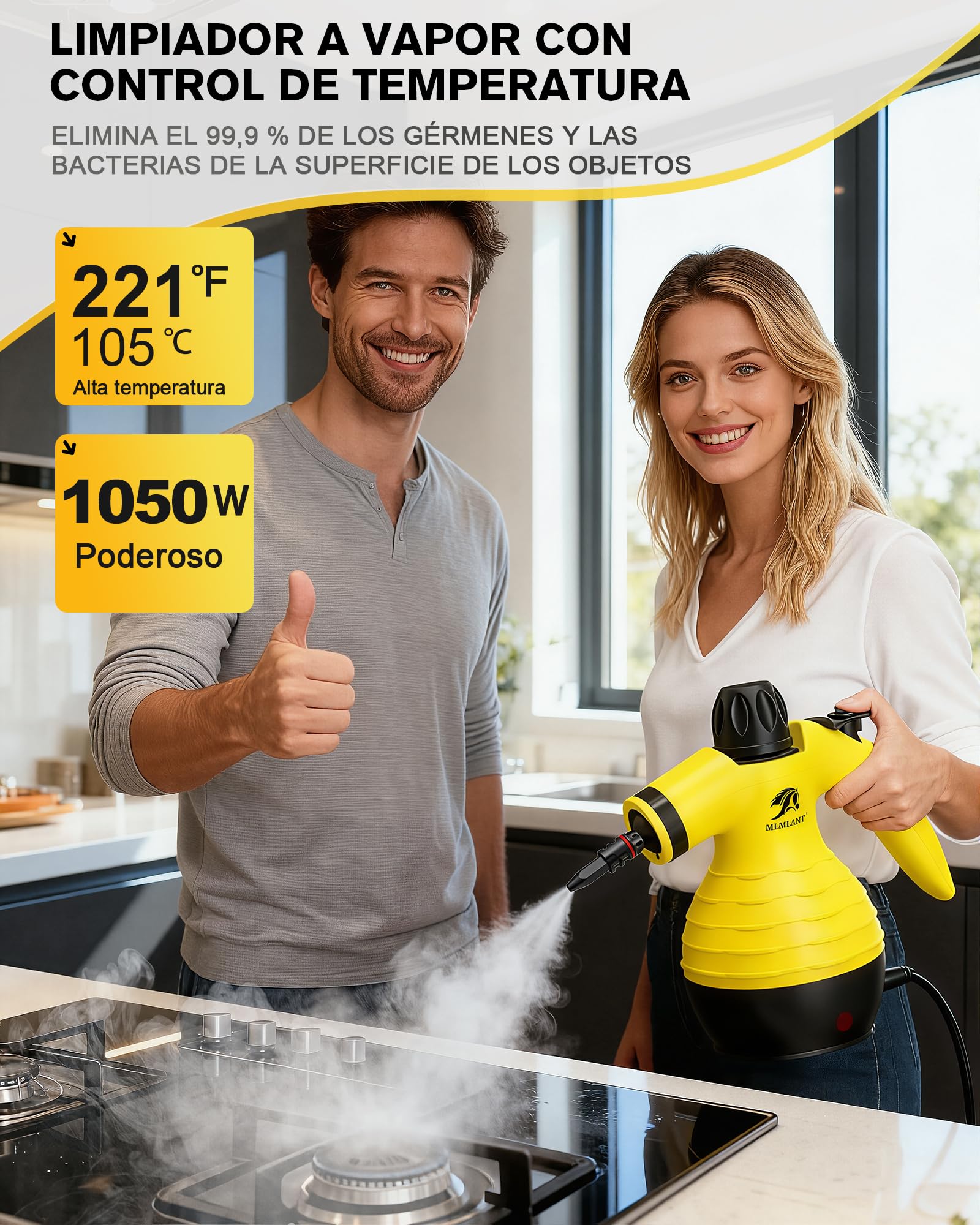 MLMLANT Limpiador de vapor, limpiador de vapor multifunción con cierre de seguridad y juego de 9 accesorios, ideal para alfombras, asientos de coche, sofás, tapizados y mucho más