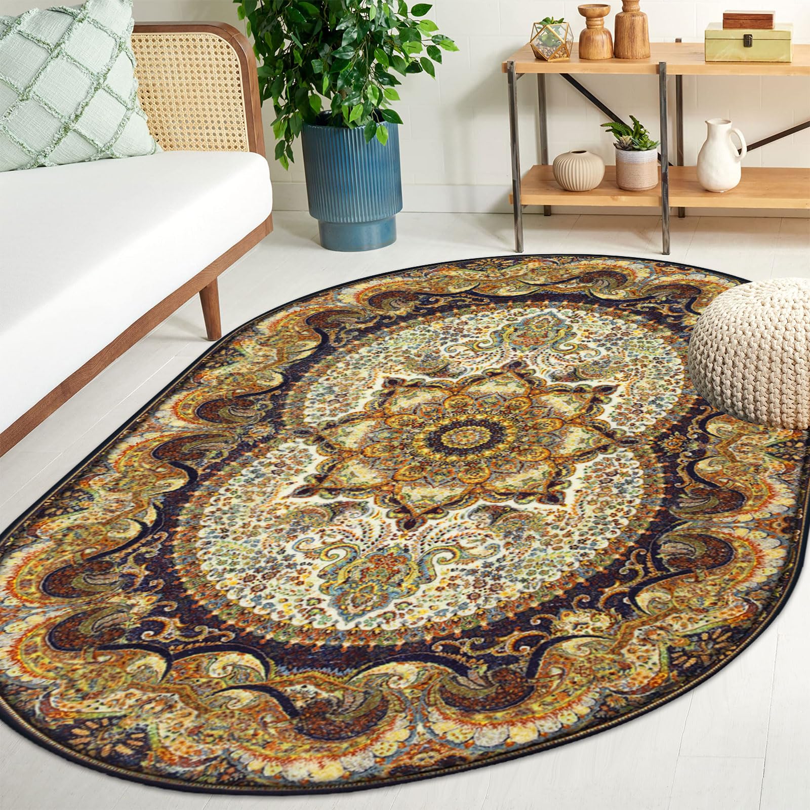 Washable Area Rug 5'x7', Large Vintage Rug Distressed Faux Wool Soft Rug Living Room Rug Bedroom Rug Throw Mat Floor Carpet Nursery Rugs for Kitchen Playroom Outdoor Dining Room Home Decor