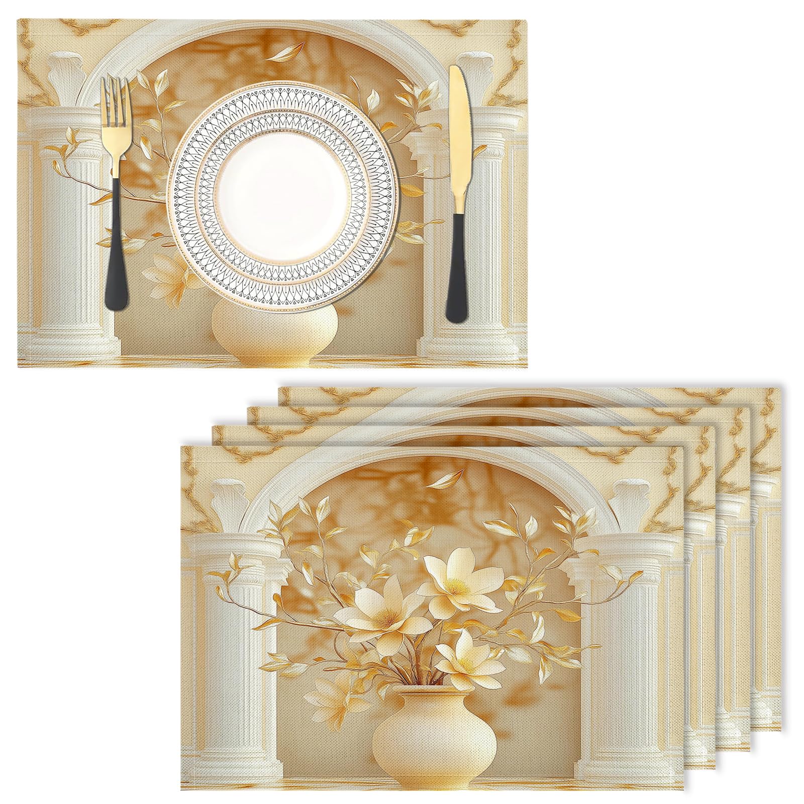 Placemats Washable Set of 6-30 x 45 cm yellow Placemats, Magnolia Cotton Linen Hemstitch Place Mats for Table, Kitchen, Dining