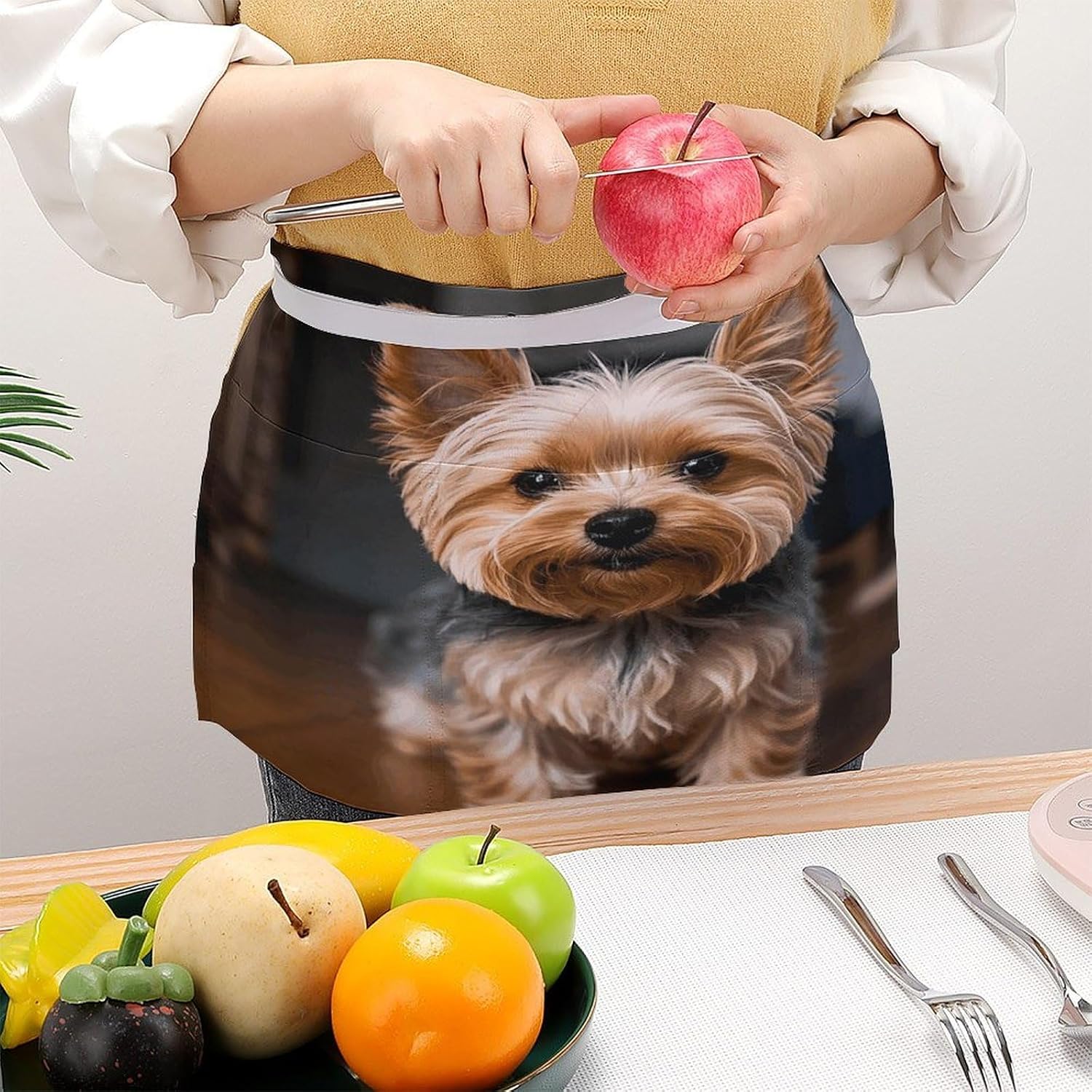 Cute Pet Yorkie Server Aprons for Women And Men Waterproof Half Apron with 3 Pockets Deluxe Oxford Fabric Waist Aprons Adjustable Chef Apron for Kitchen Bar Home