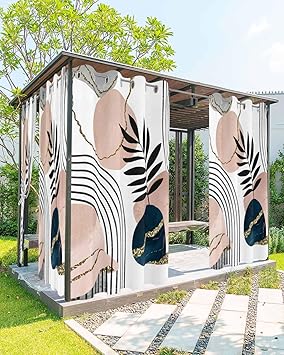Outdoor Curtains for Patio Waterproof, Boho Navy Blackout Curtains Outdoor Privacy Panels, Blue Gold Bohemian Tropical Palm Tree Leaf Grommet Porch Outside Drapes 54"x84", 1 Panel