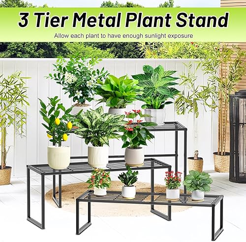 Miniatura 5 de Soporte de metal para plantas para interiores y exteriores, 3 niveles en maceta, estante para plantas, estante de exhibición de macetas resistente