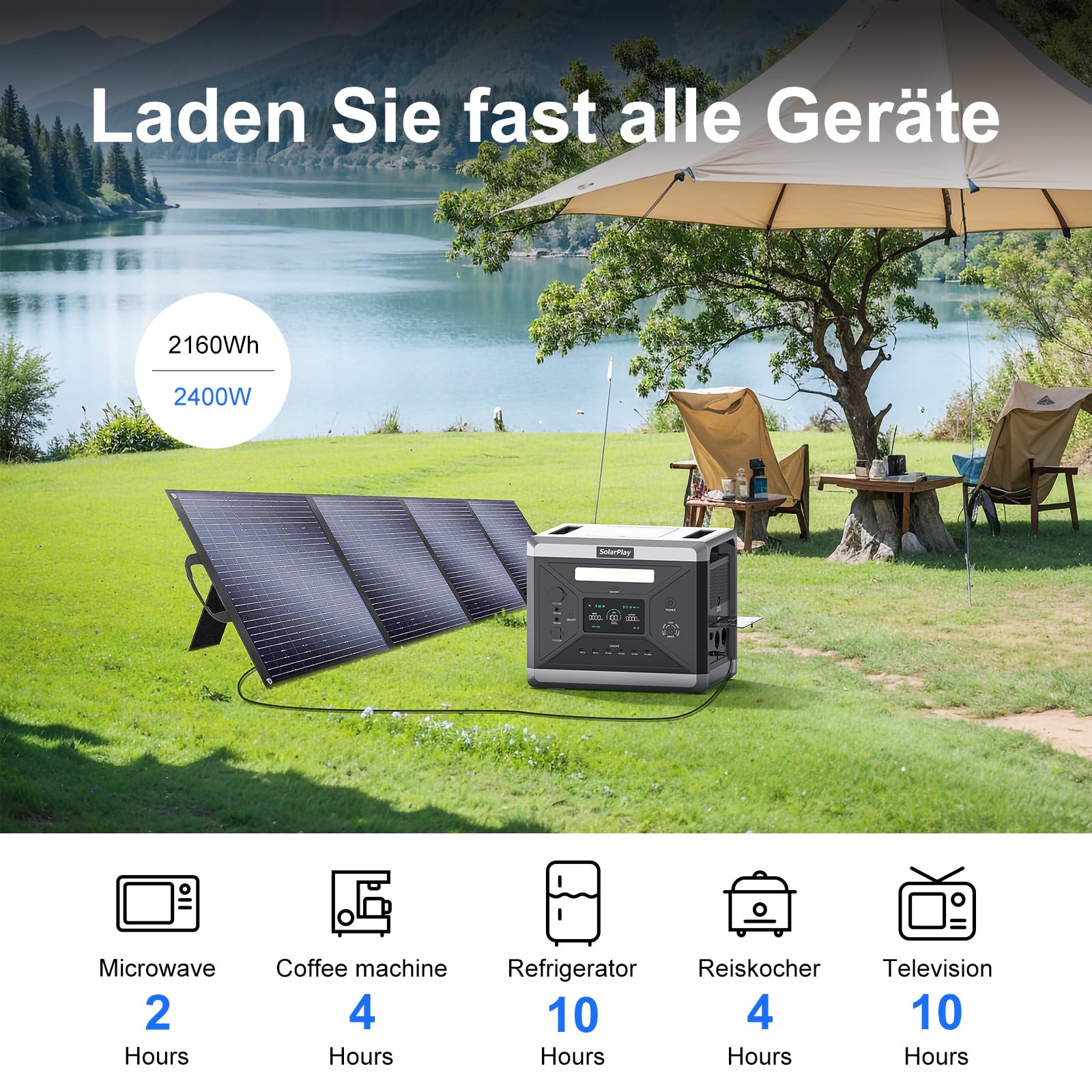 SOLARPLAY Centrale Elettrica Portatile 2400W,(4800W Potenza di Picco) Generatore Solare 2160Wh con Batteria LiFePO4,12 Porte, per Campeggio,Camper, RV, Viaggi, Emergenza Mancanza (2400W+200W+Trailer)