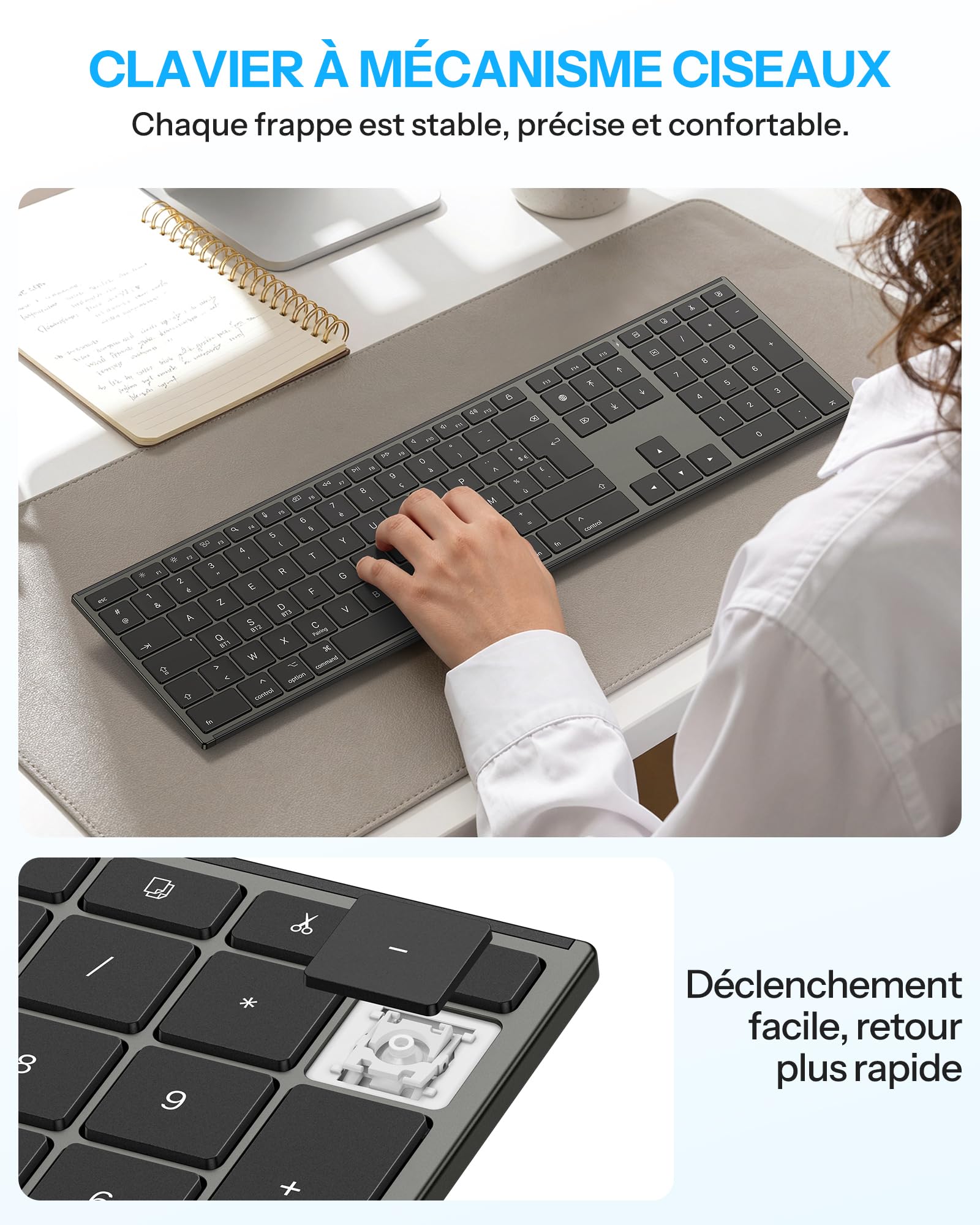 OMOTON Clavier Bluetooth pour Mac, Clavier sans Fil Métal Rechargeable Multi-dispositifs avec 3 Canaux Bluetooth pour Apple Mac Pro/Mini, MacBook Pro/Air, iMac, AZERTY Français