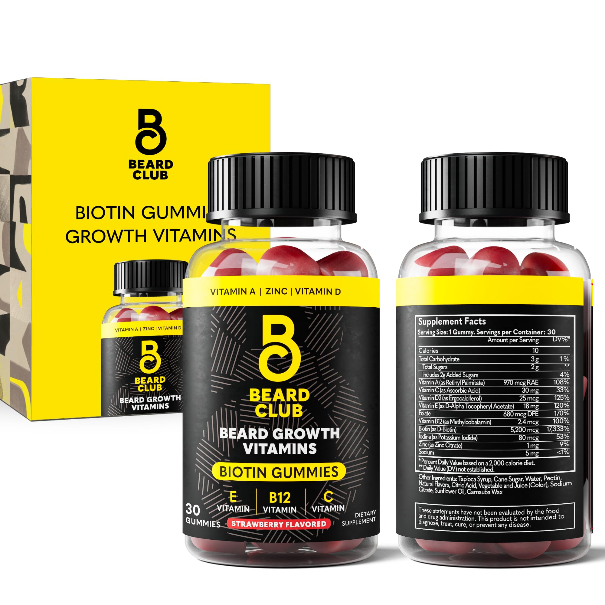 The Beard Club Biotin Beard Growth Vitamin Gummies - Beard and Hair Supplement for Men - Vitamins B12, E, & C to Support a Thicker Fuller Looking Beard - Mens Beard Care - Strawberry Gummy
