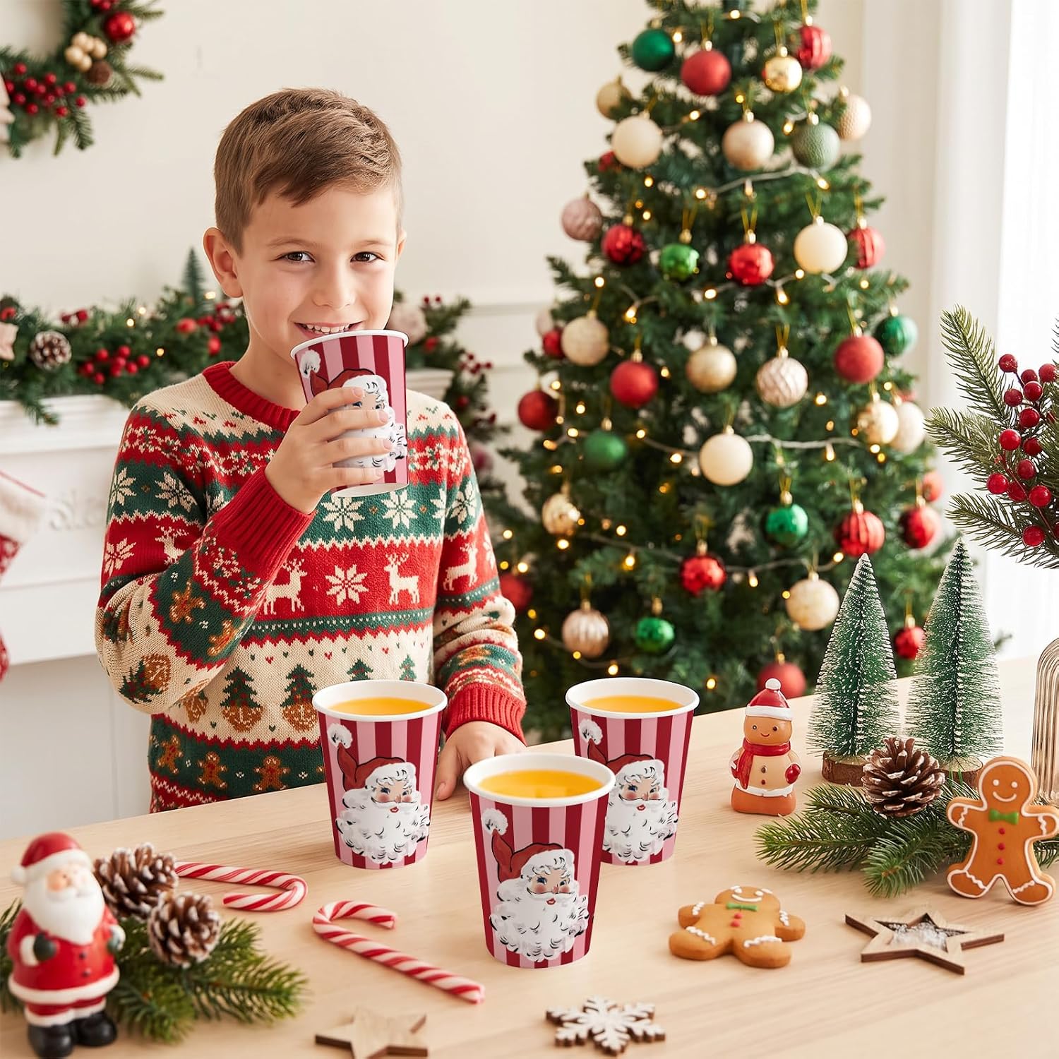 RUSPEPA 9 oz Christmas Paper Cups, 50 Pack Vintage Santa Claus Face & Red Striped Design, Disposable Party Cups for Hot/Cold Beverages, Kids, Christmas Party, Home/Office, Cafe, Holiday Supplies image 5